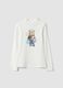 T-shirt bianca in puro cotone organico con collo rialzato e stampa orsetto_0