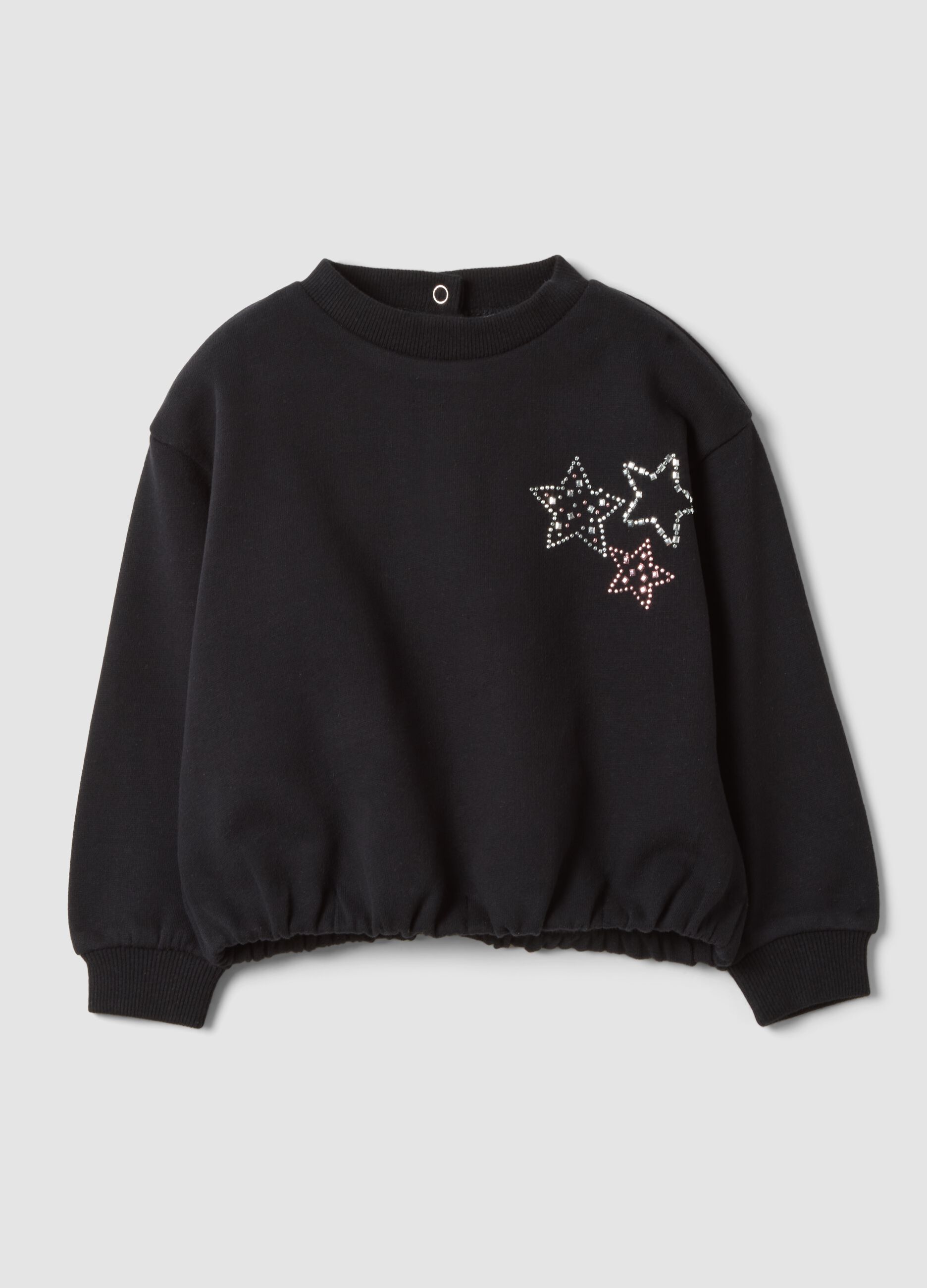 Black pure cotton crew-neck sweatshirt with rhinestones for baby girl