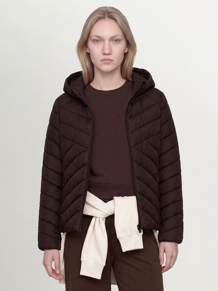 Brown Ultralight Quilted Jacket with Hood and Zip_0