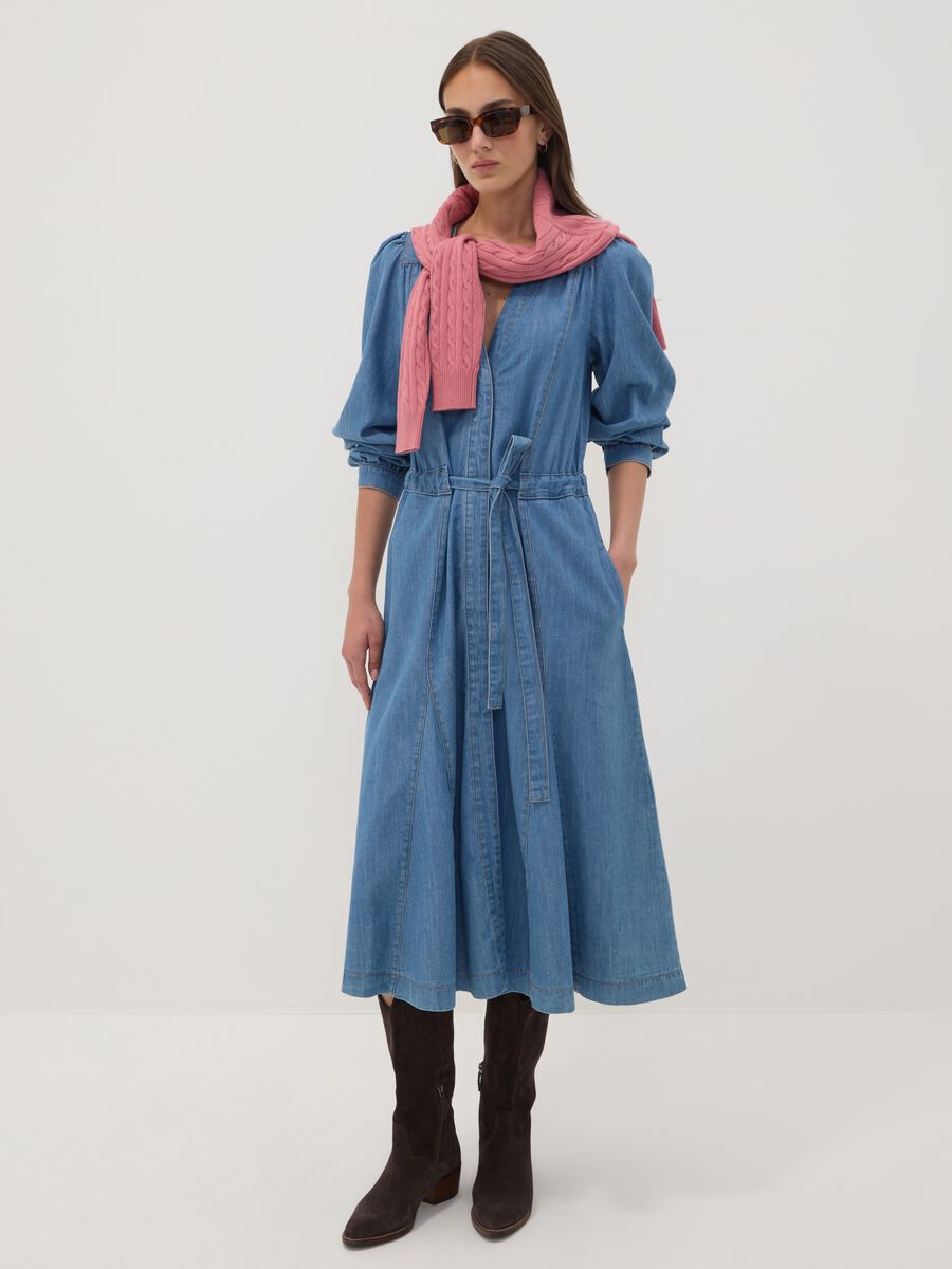 Blue pure cotton denim dress with deep V-neck regular fit_0