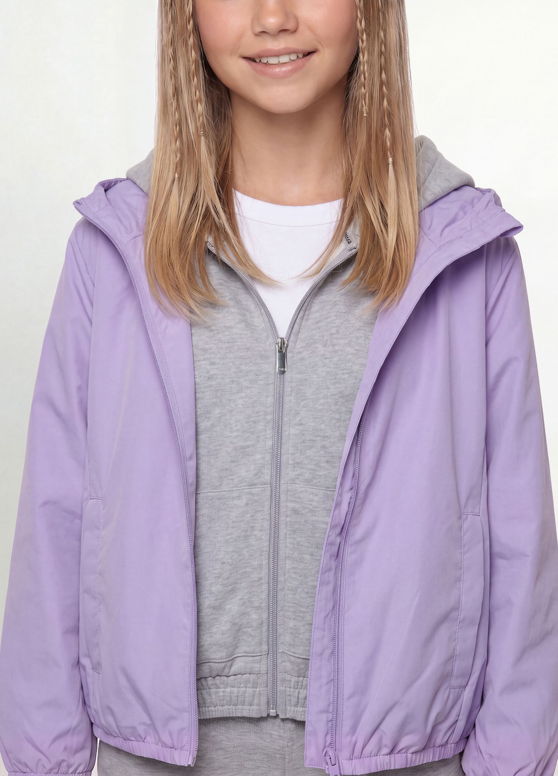 Purple rain jacket with hood and zip for girls