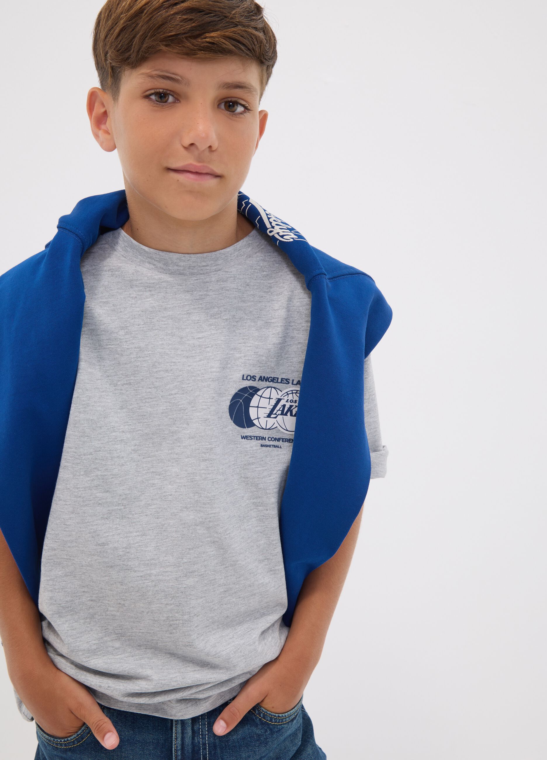 Grey pure cotton Lakers print T-shirt for boys