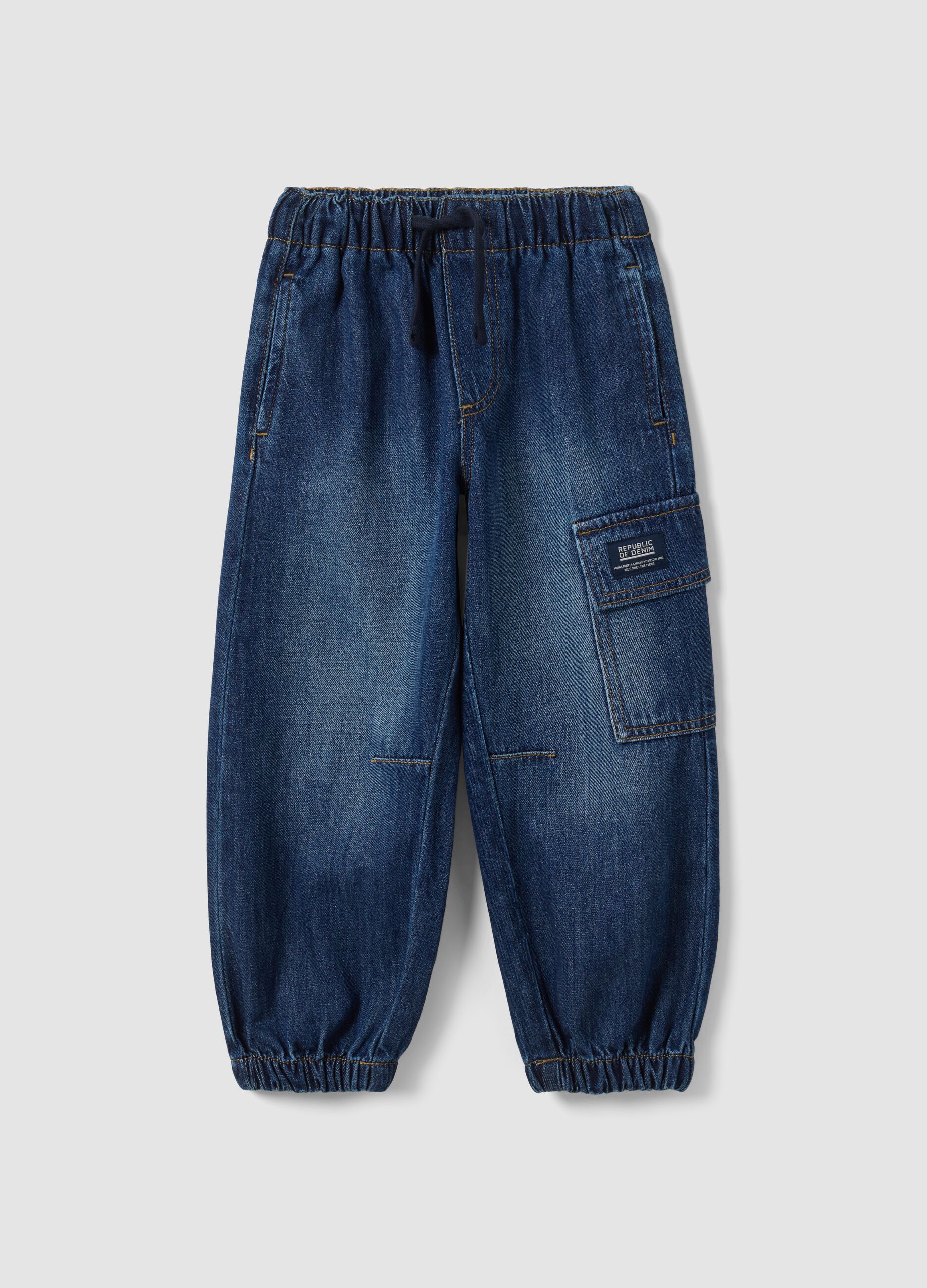 Blue denim joggers in cotton and viscose blend with cargo pockets, relaxed fit