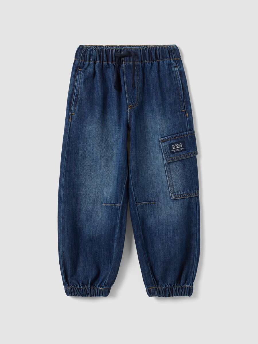 Blue denim joggers in cotton and viscose blend with cargo pockets, relaxed fit_0