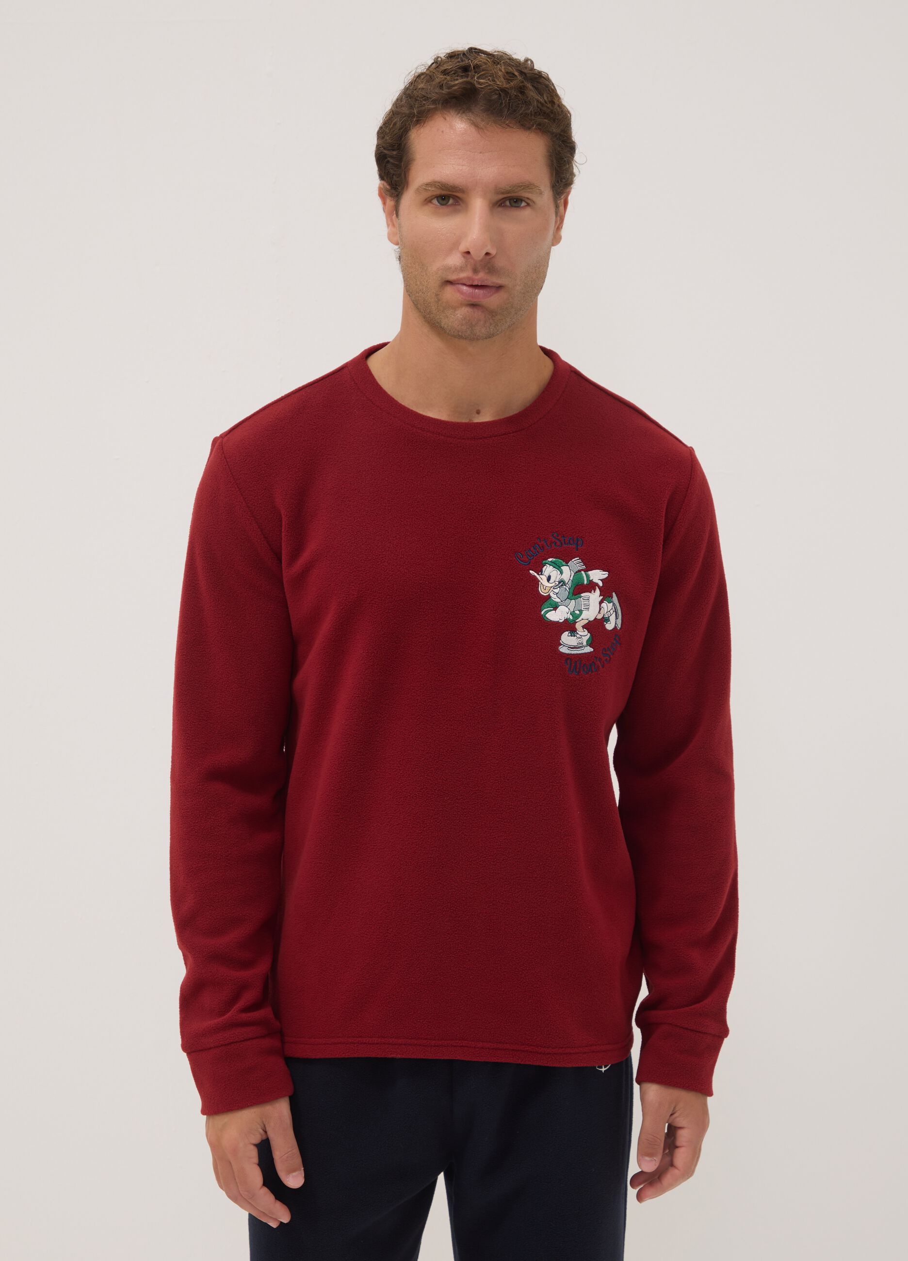 Red long-sleeve crew-neck pyjama set with Mickey & Friends print