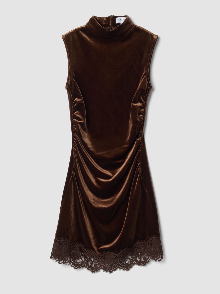 Brown stretch-fabric dress with high neckline_0