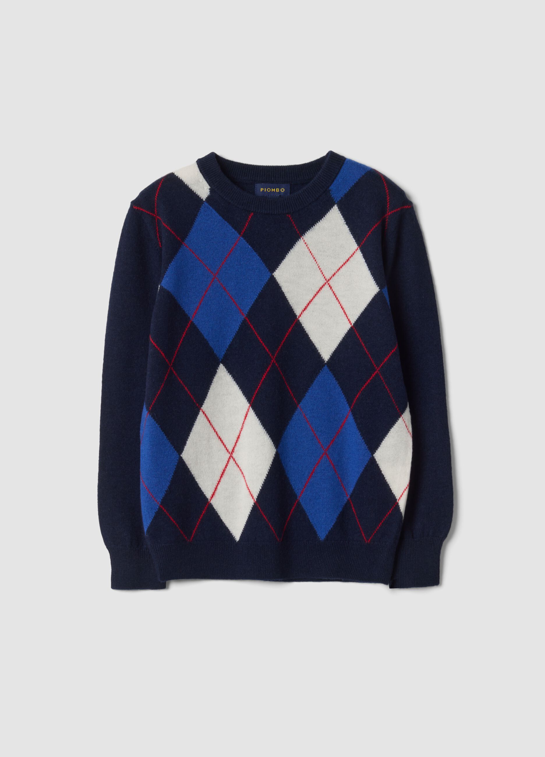 Maglione blu in pura lana con girocollo jacquard