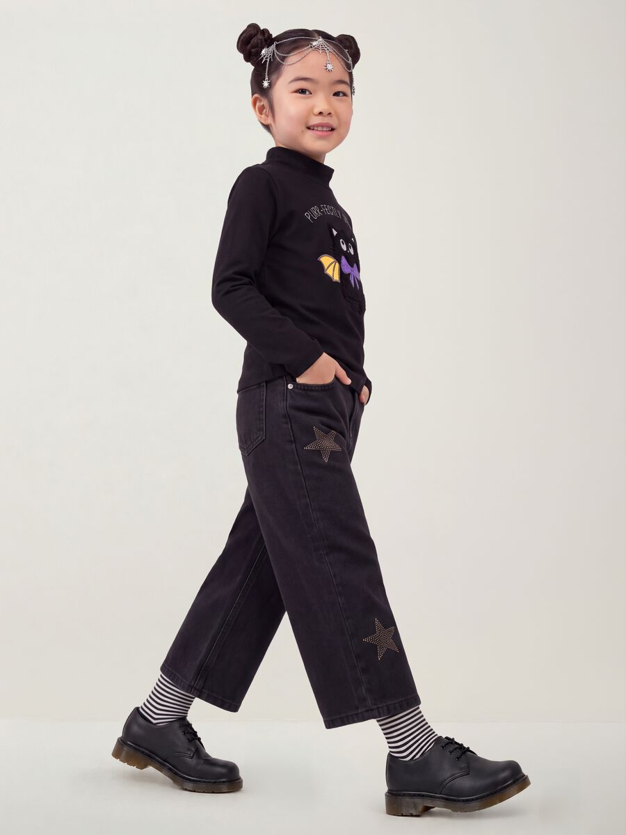 Jeans blu wide leg in puro cotone con stelle_3