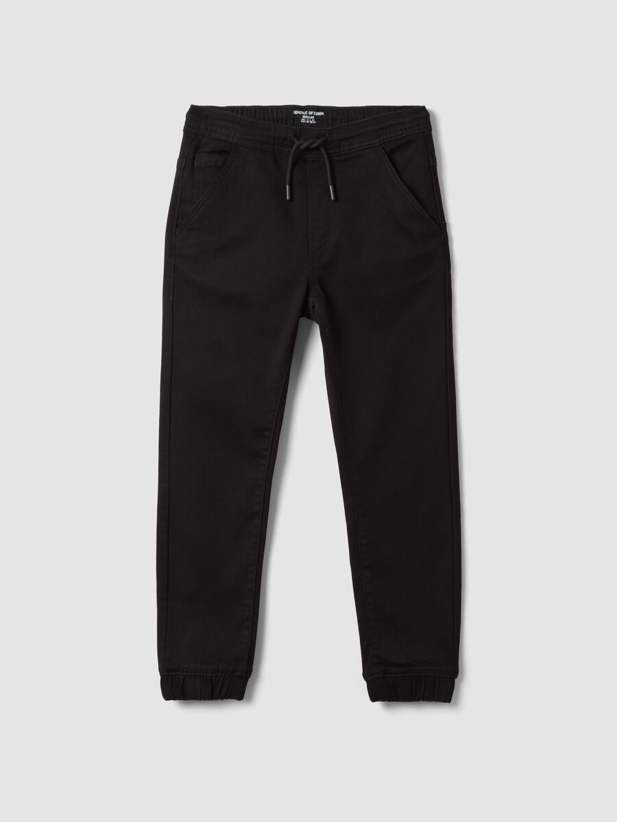 Black stretch-cotton denim joggers with elasticated waistband for boys_0