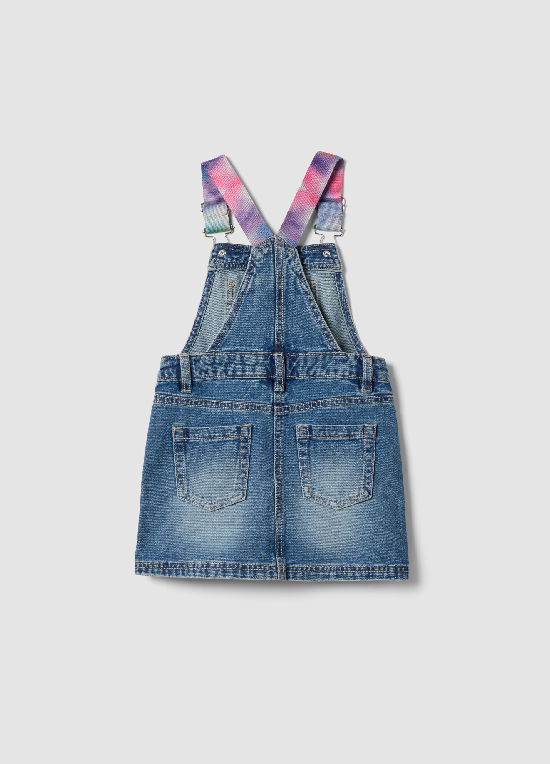 Girls&rsquo; blue denim dungarees in pure cotton with colourful braces