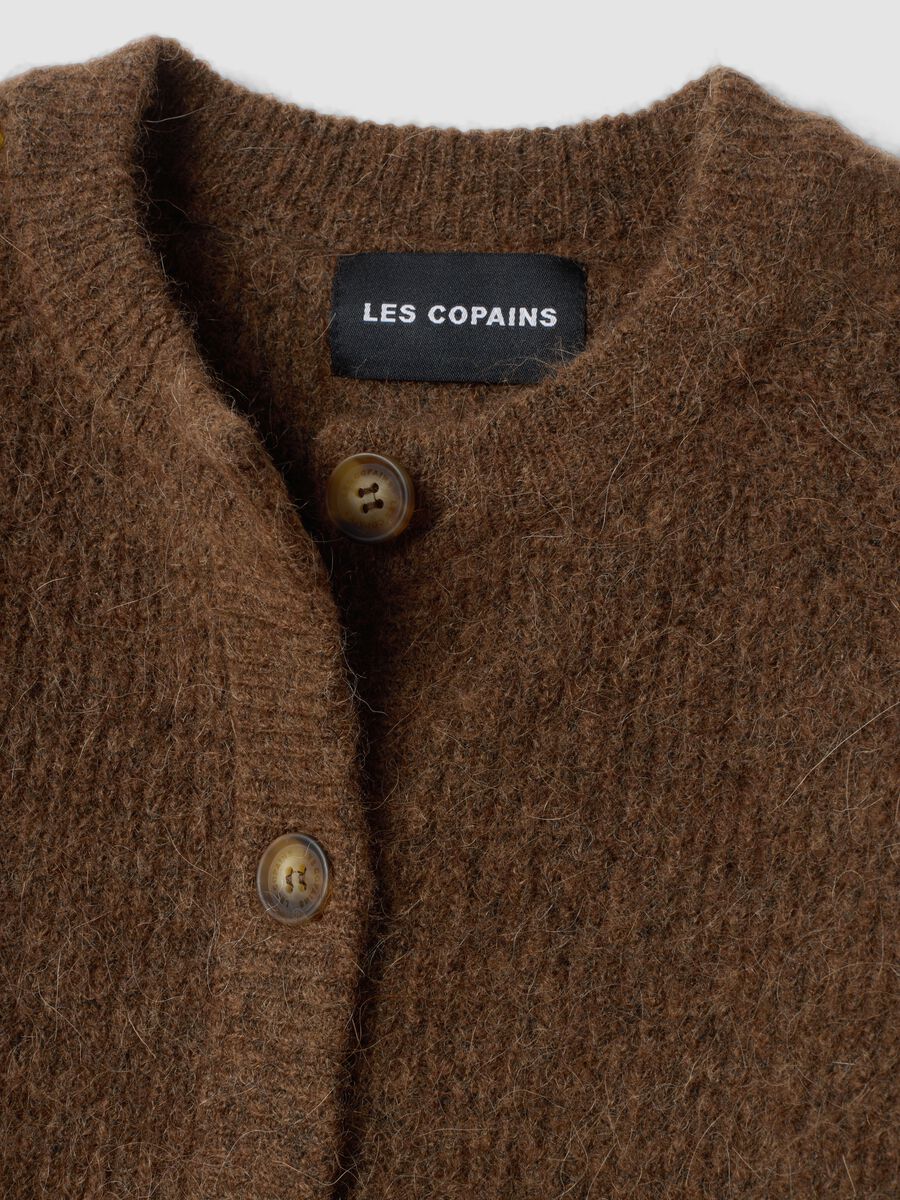 Brown stretchy wool and alpaca crew-neck cardigan_1