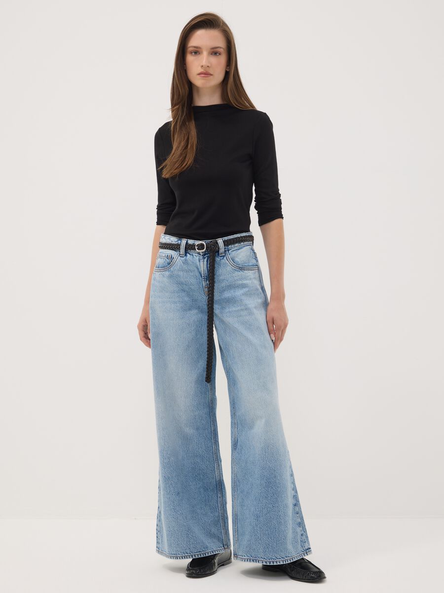 Light blue pure cotton super wide-leg jeans_0