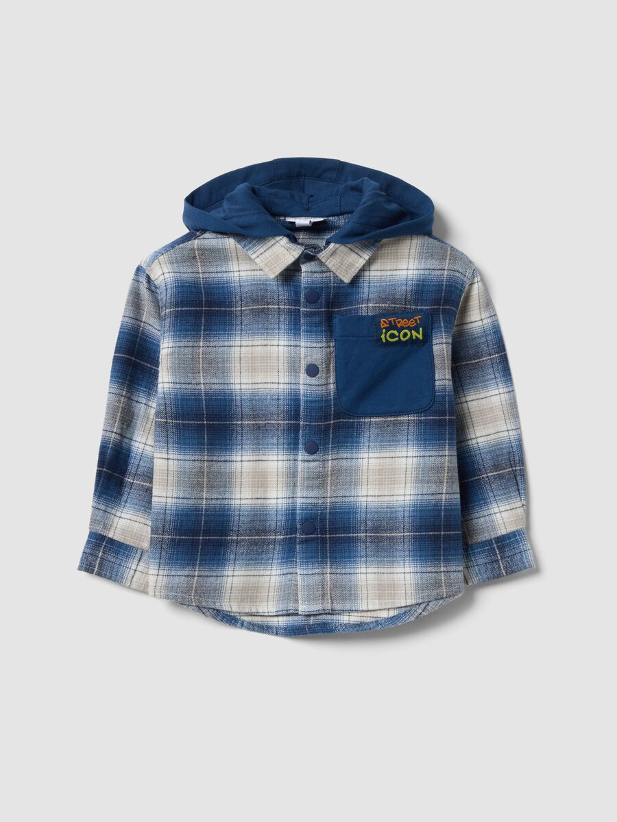 Blue check oversized cotton hooded shirt for baby boy_0