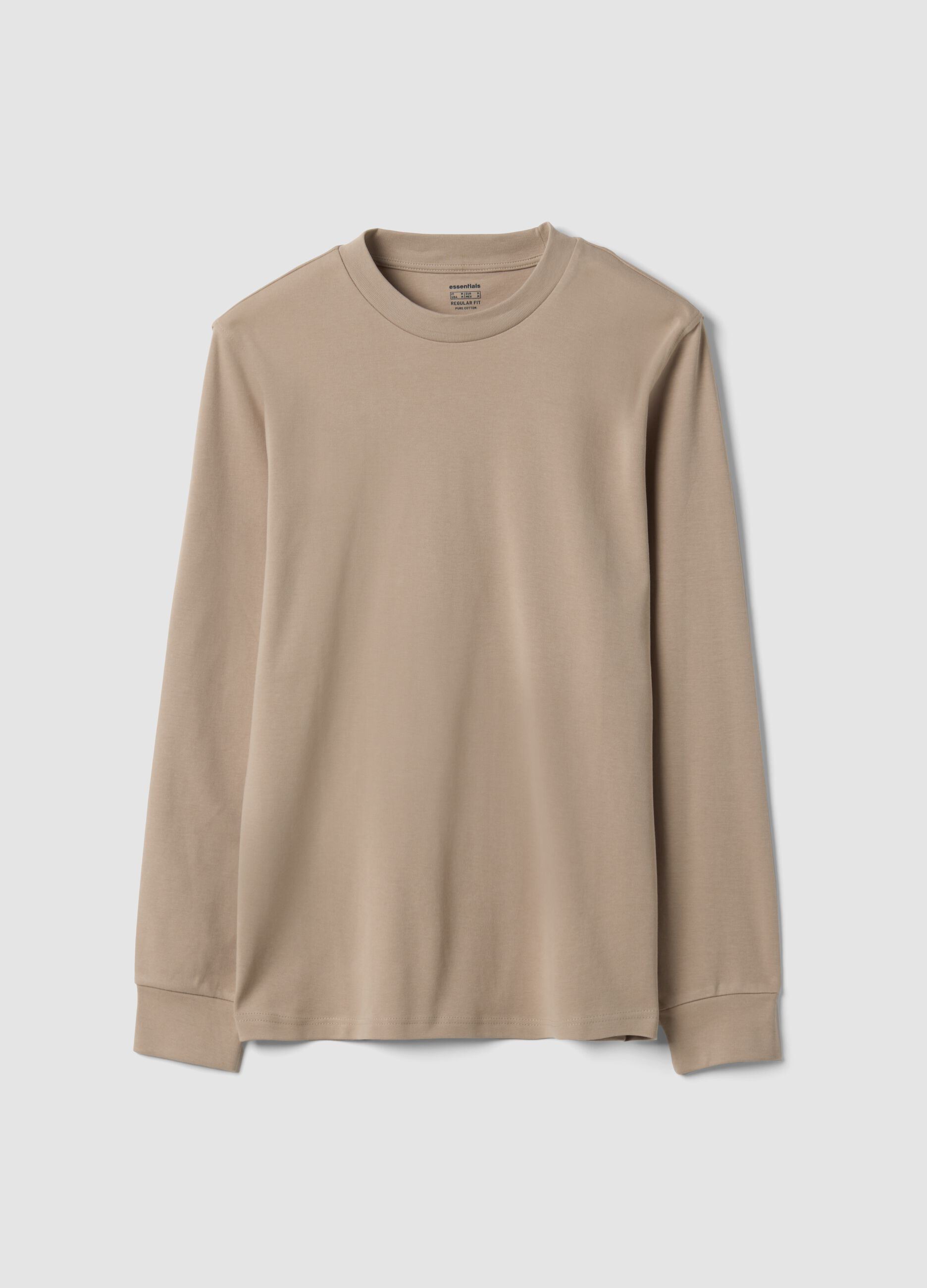 Beige pure cotton crew-neck T-shirt, regular fit