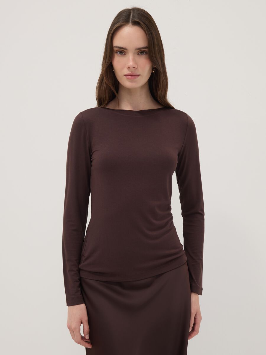 Brown slim-fit stretch viscose T-shirt_1