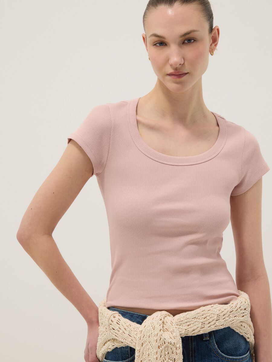 Fitted short-sleeve stretch cotton pink t-shirt_0