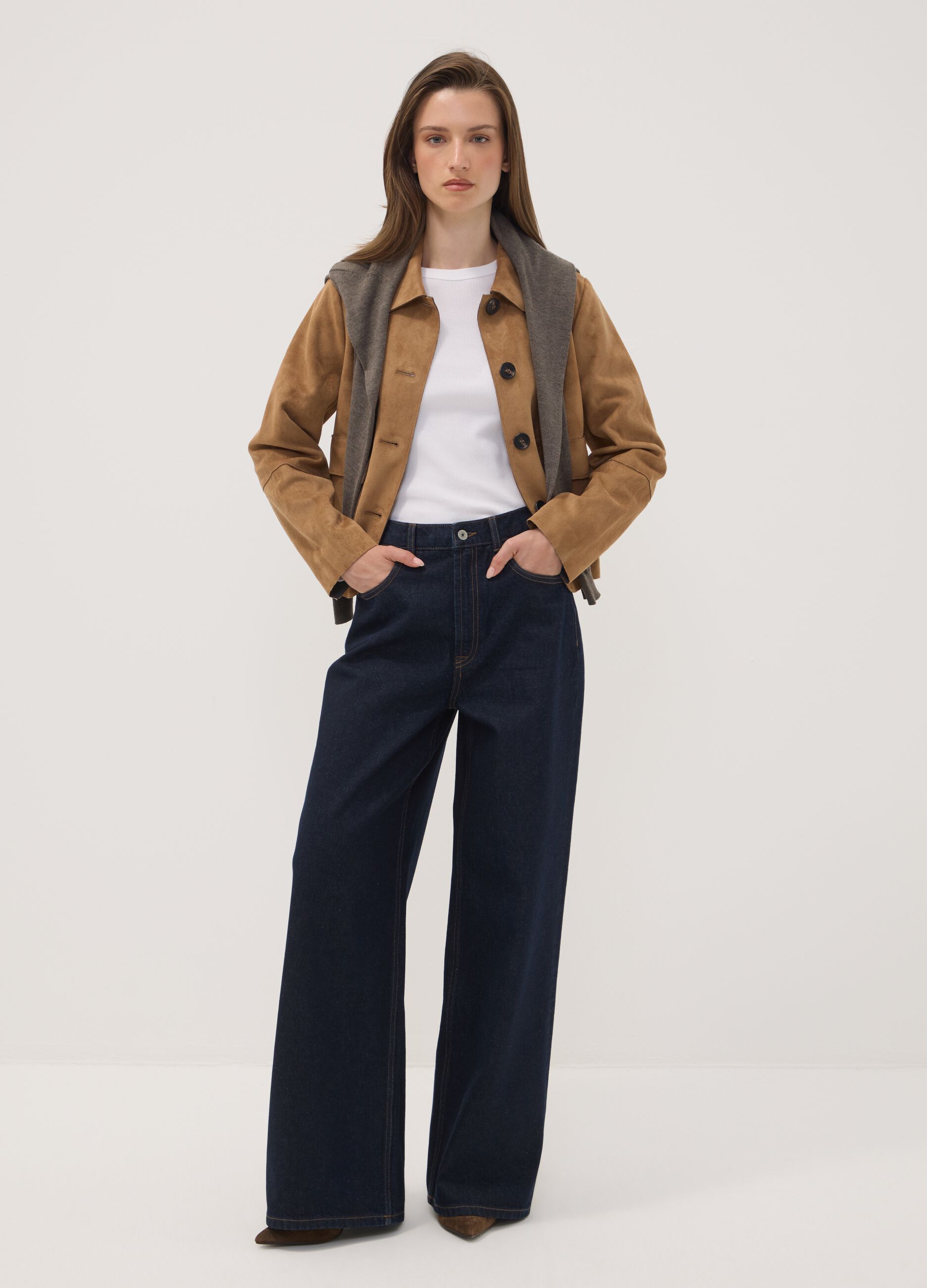 Beige regular-fit shacket with patch pockets