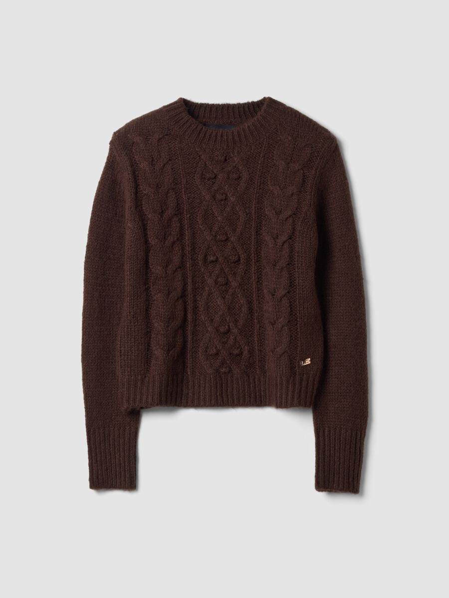 Brown crew-neck cable-knit wool-blend jumper, regular fit_0