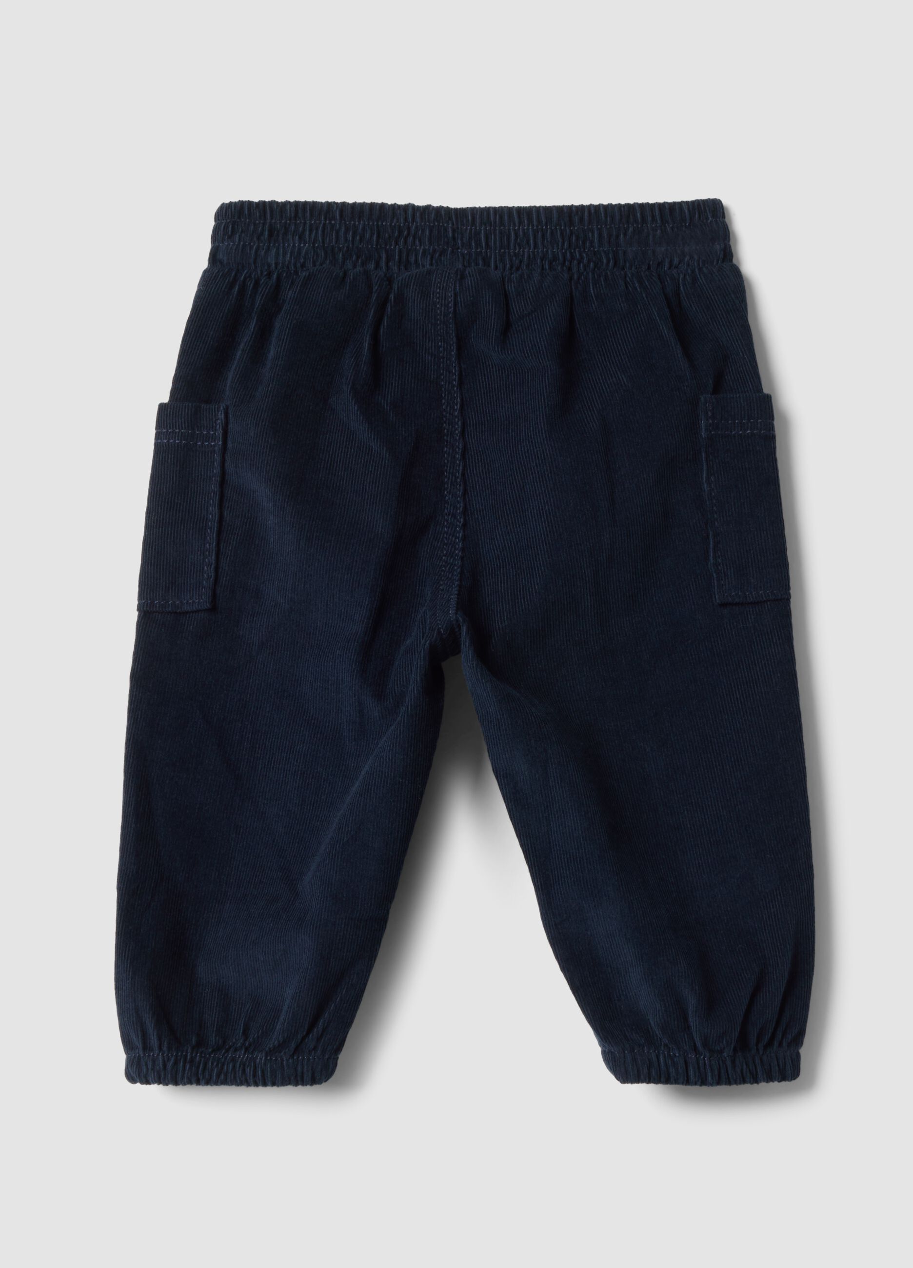 Pantaloni cargo blu a coste in puro cotone con vita elasticizzata
