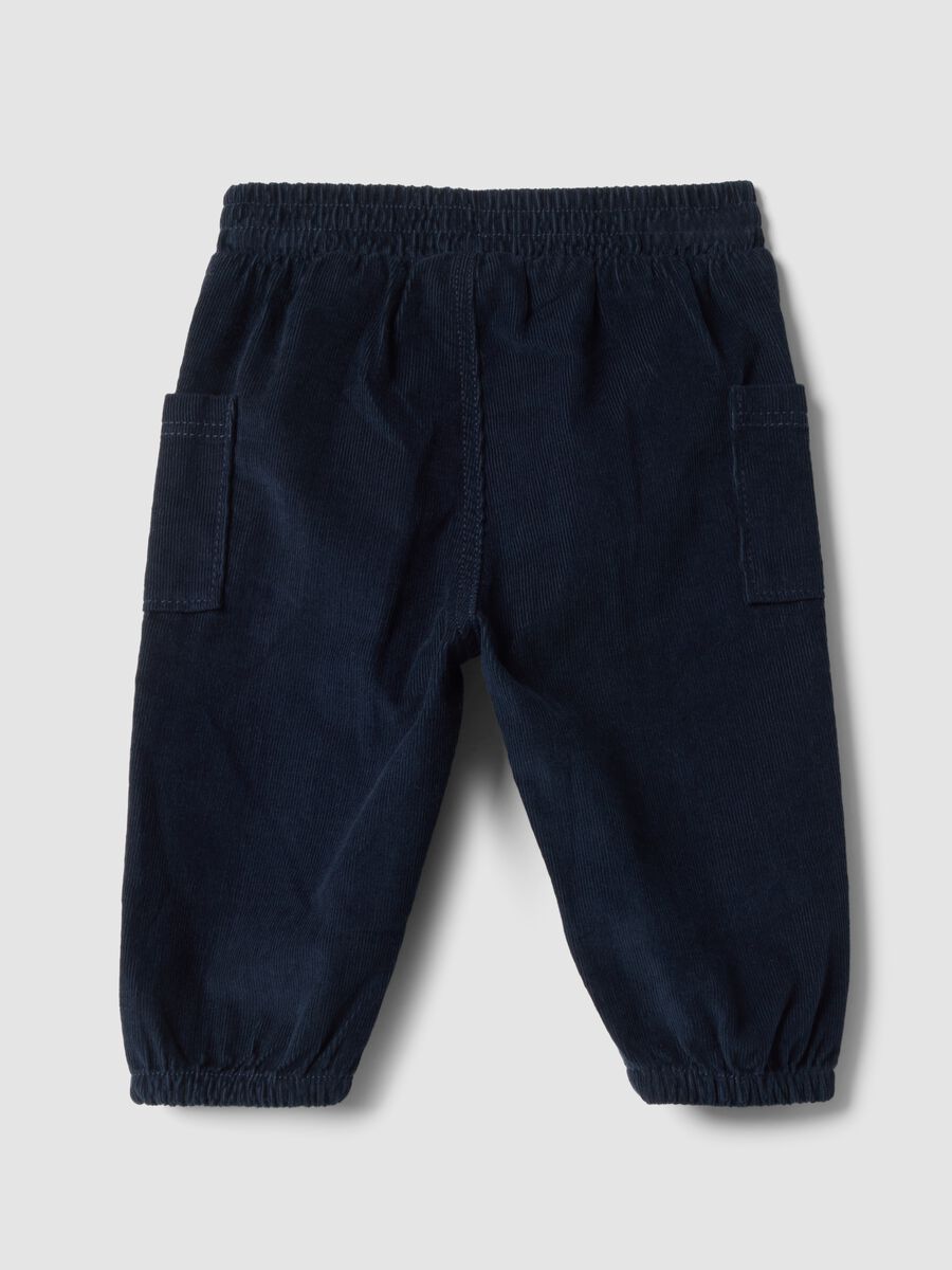 Pantaloni cargo blu a coste in puro cotone con vita elasticizzata_1