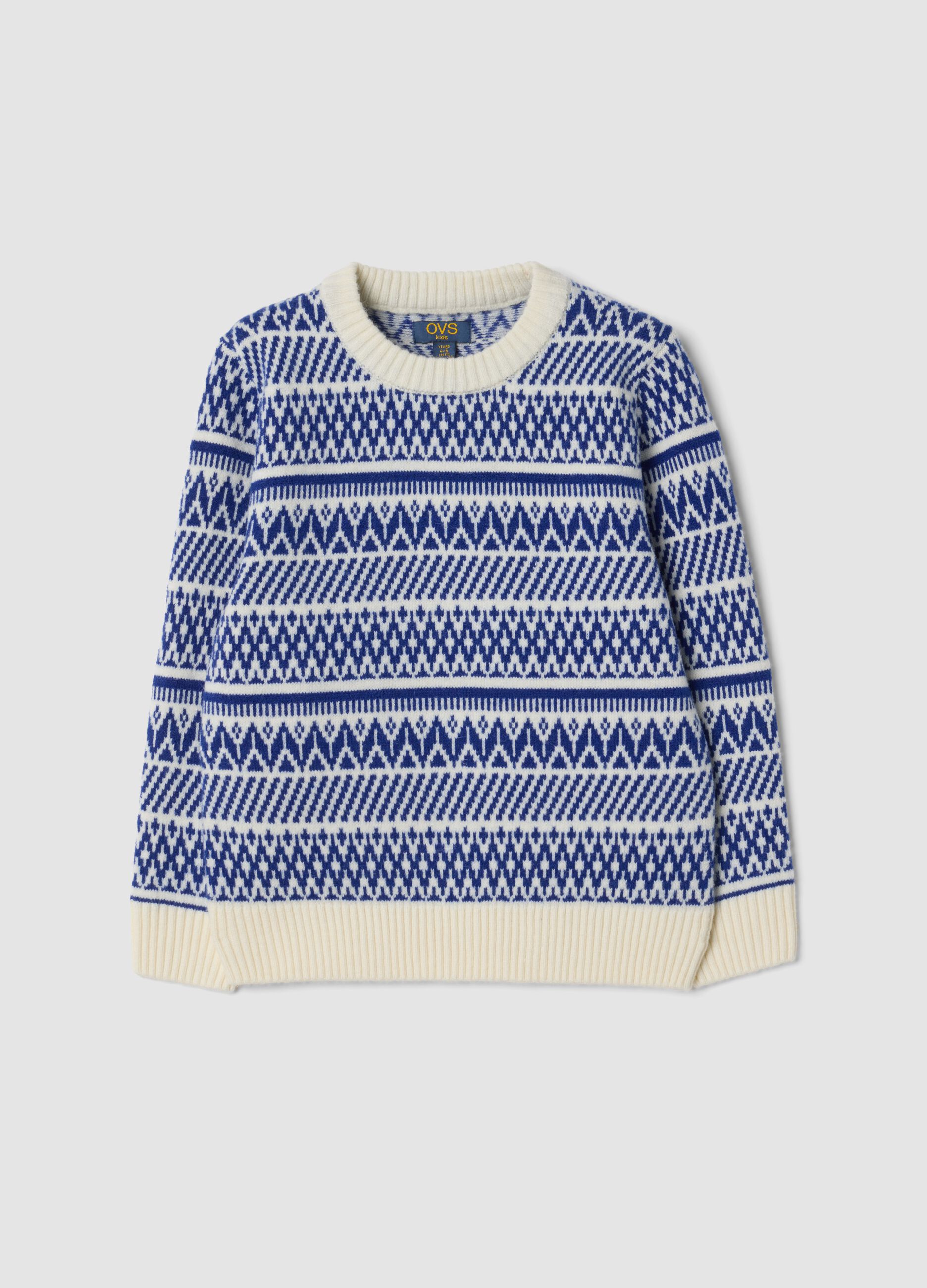 Ivory and royal blue jacquard crew-neck jumper, regular fit