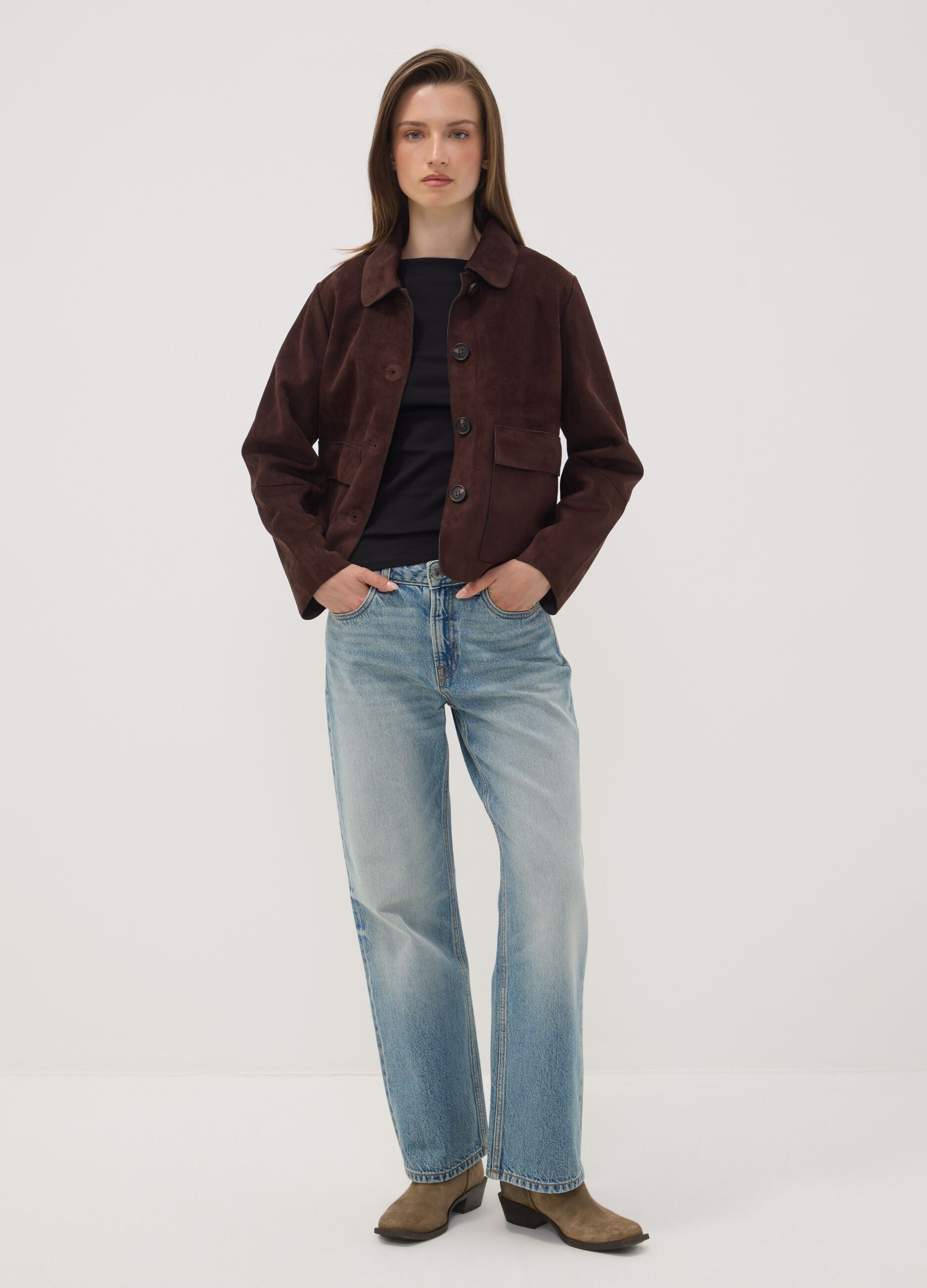 Brown regular-fit shacket with patch pockets