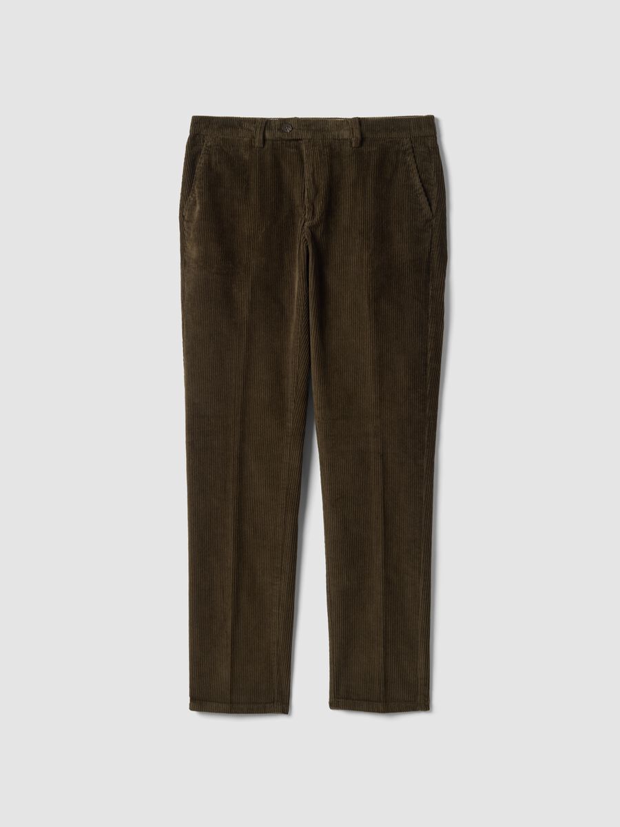 Pantaloni marroni in cotone elasticizzato a coste_0