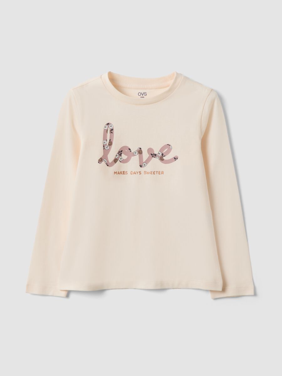 Beige long-sleeved organic cotton T-shirt with front print_0