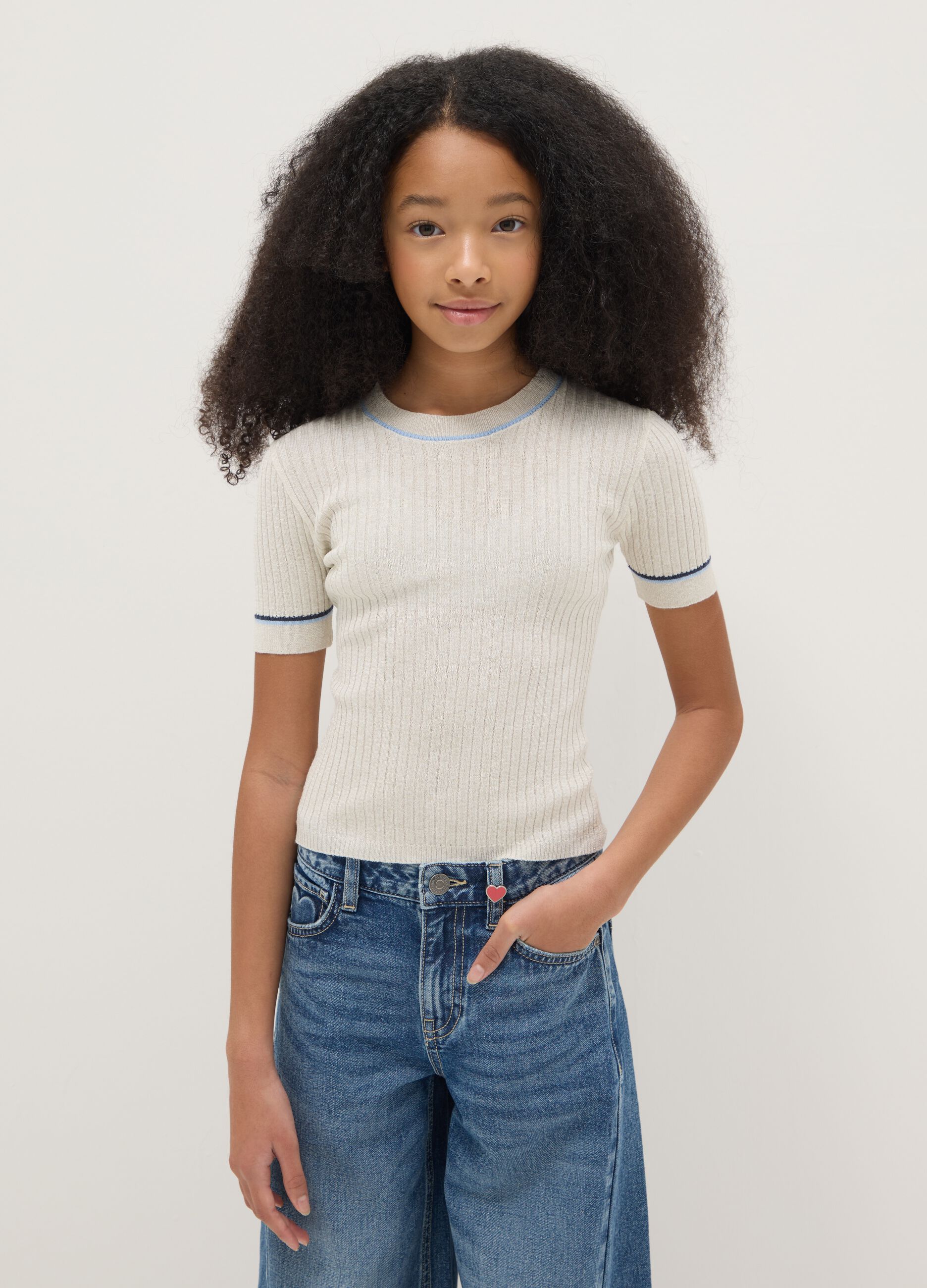 Girls' beige striped slim fit T-shirt