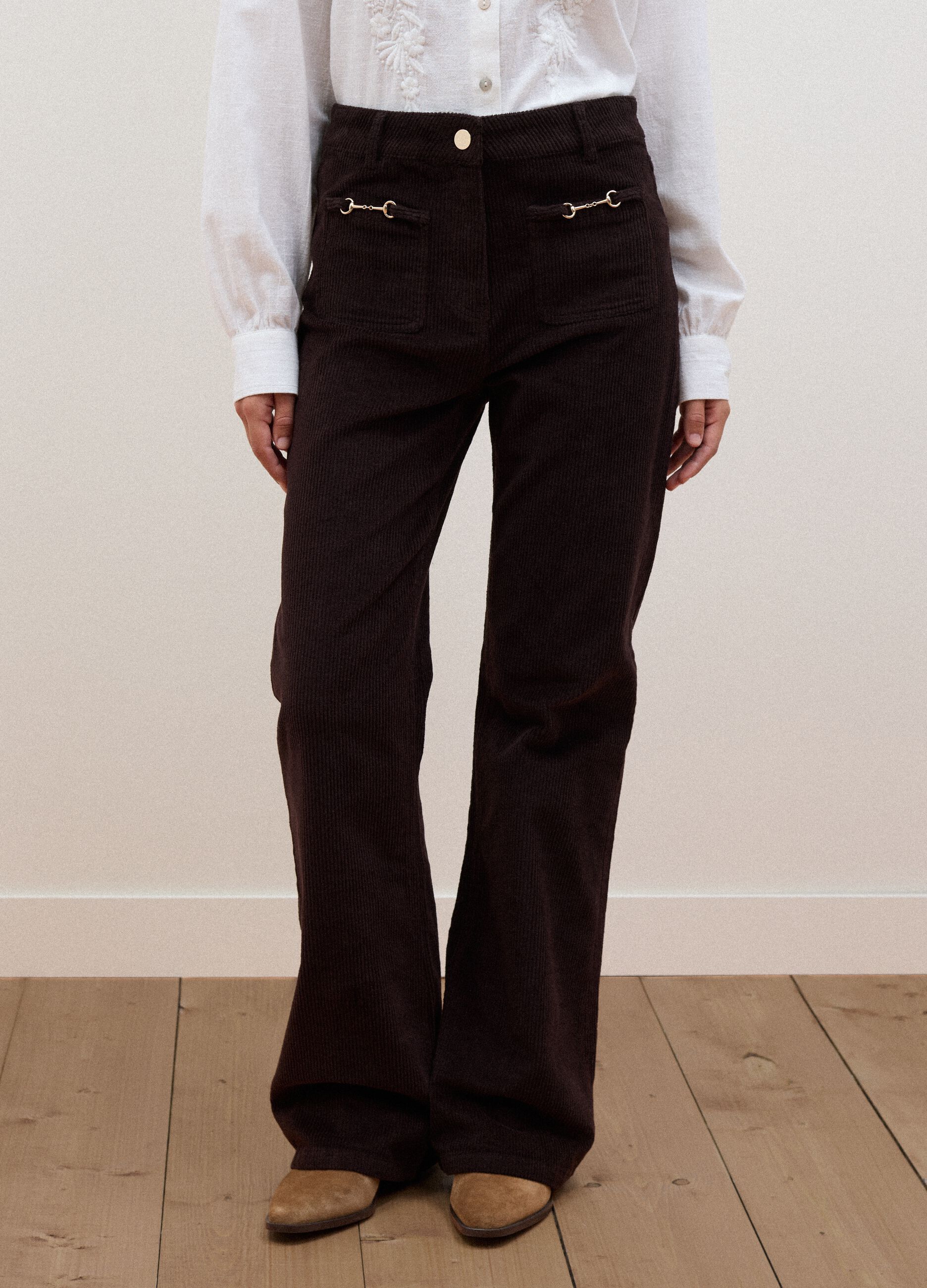 Brown flared ribbed stretch-cotton trousers