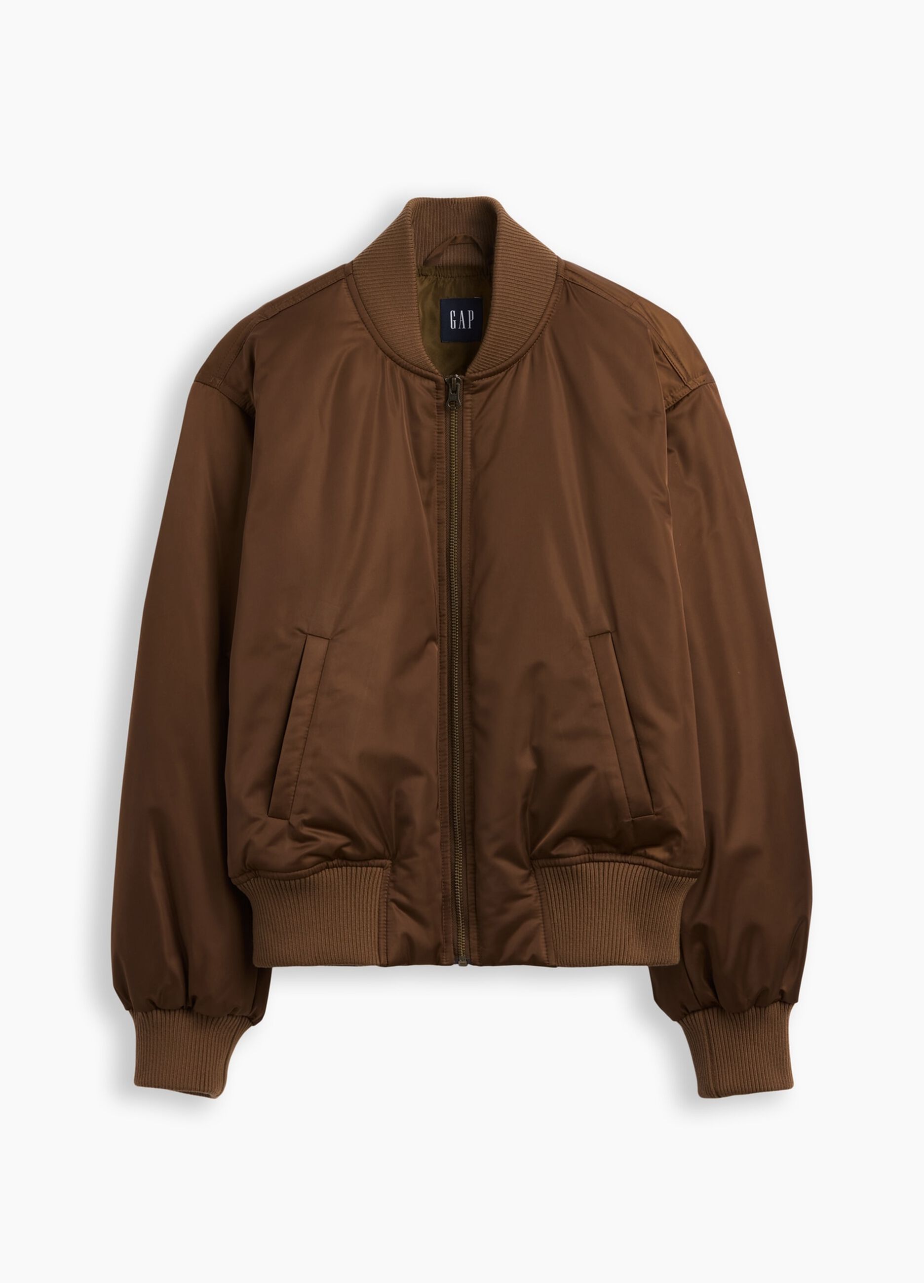 Light brown bomber jacket with zip and ribbed cuffs