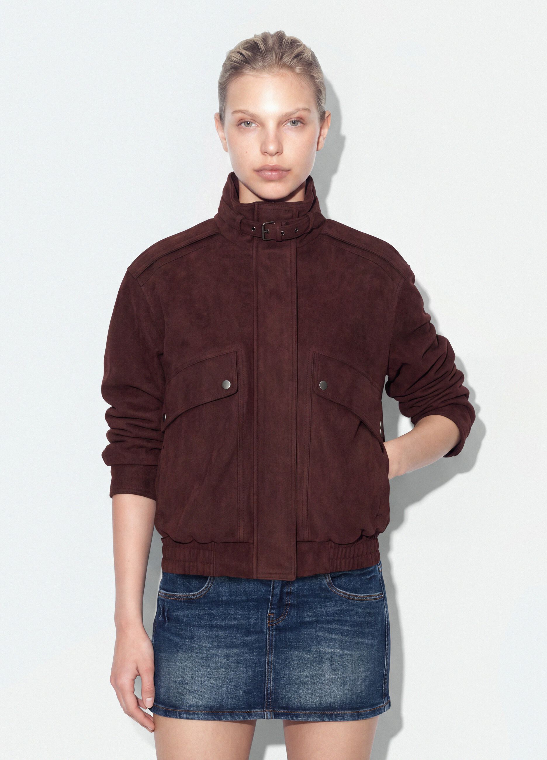 Brown stretch high-neck jacket, regular fit
