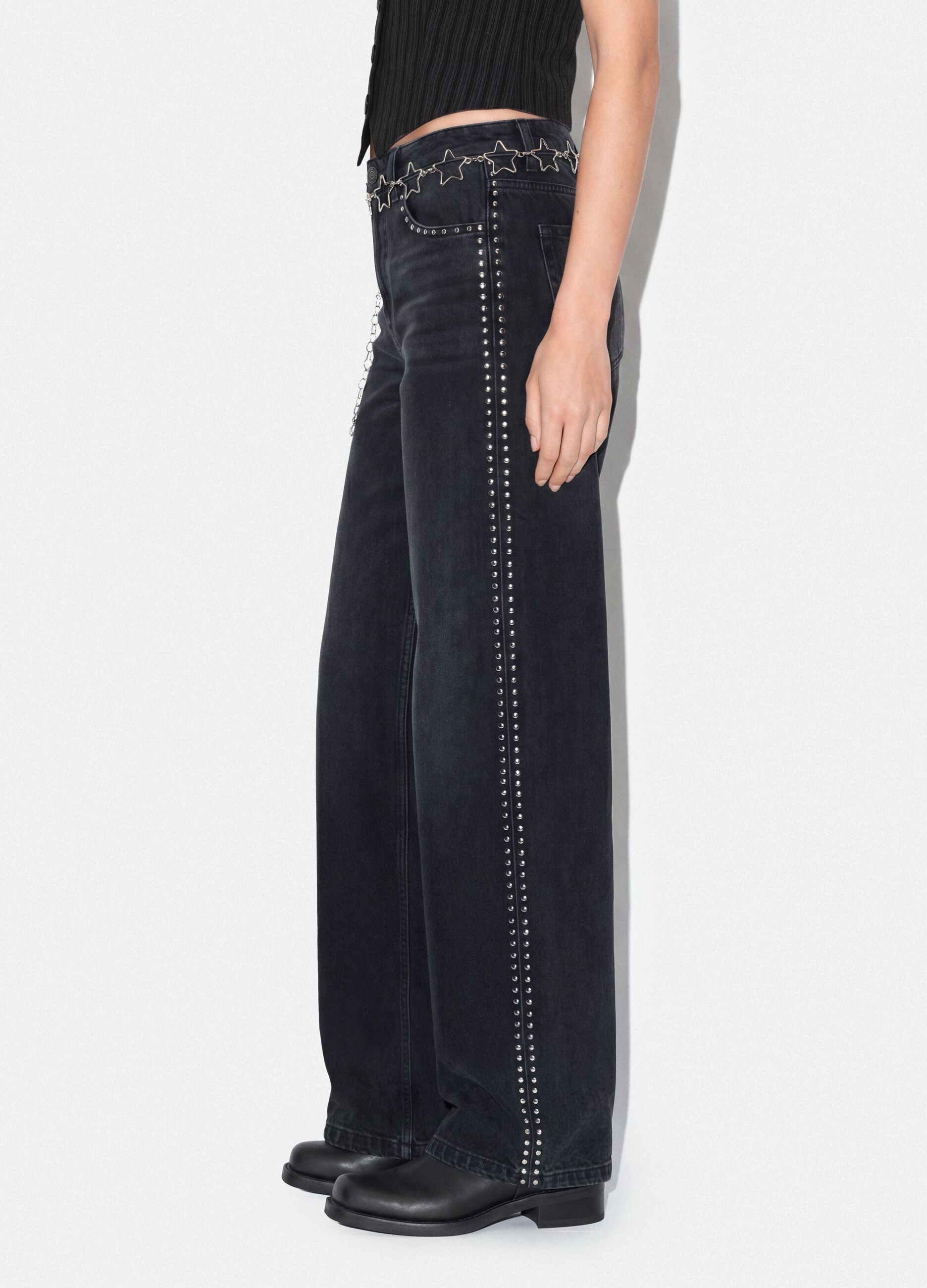 Black pure cotton wide-leg jeans with studs