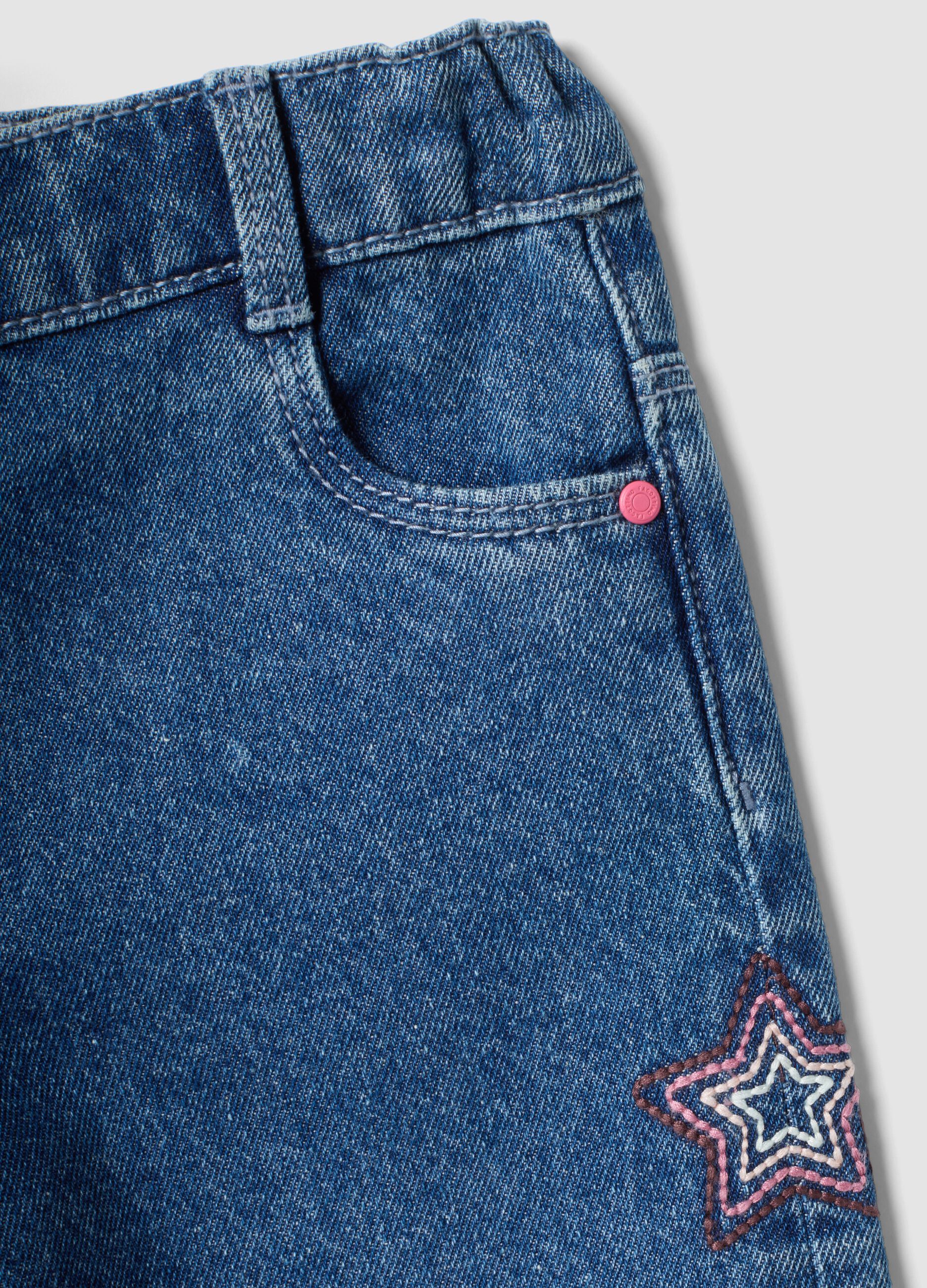 Blue wide-leg pure cotton jeans with embroidered stars for baby girl