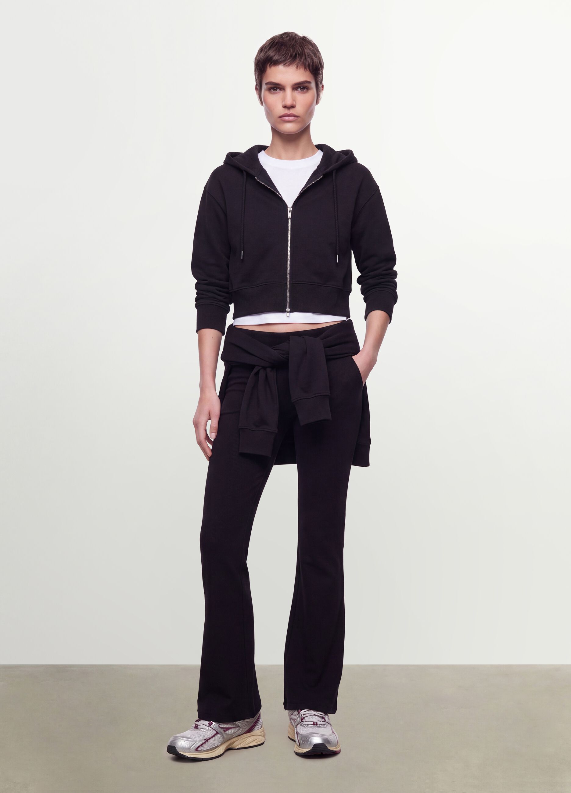 Black full-zip fitted cotton-blend hoodie