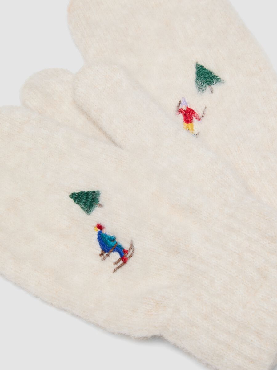 Beige stretch wool-blend gloves with ski embroidery_2