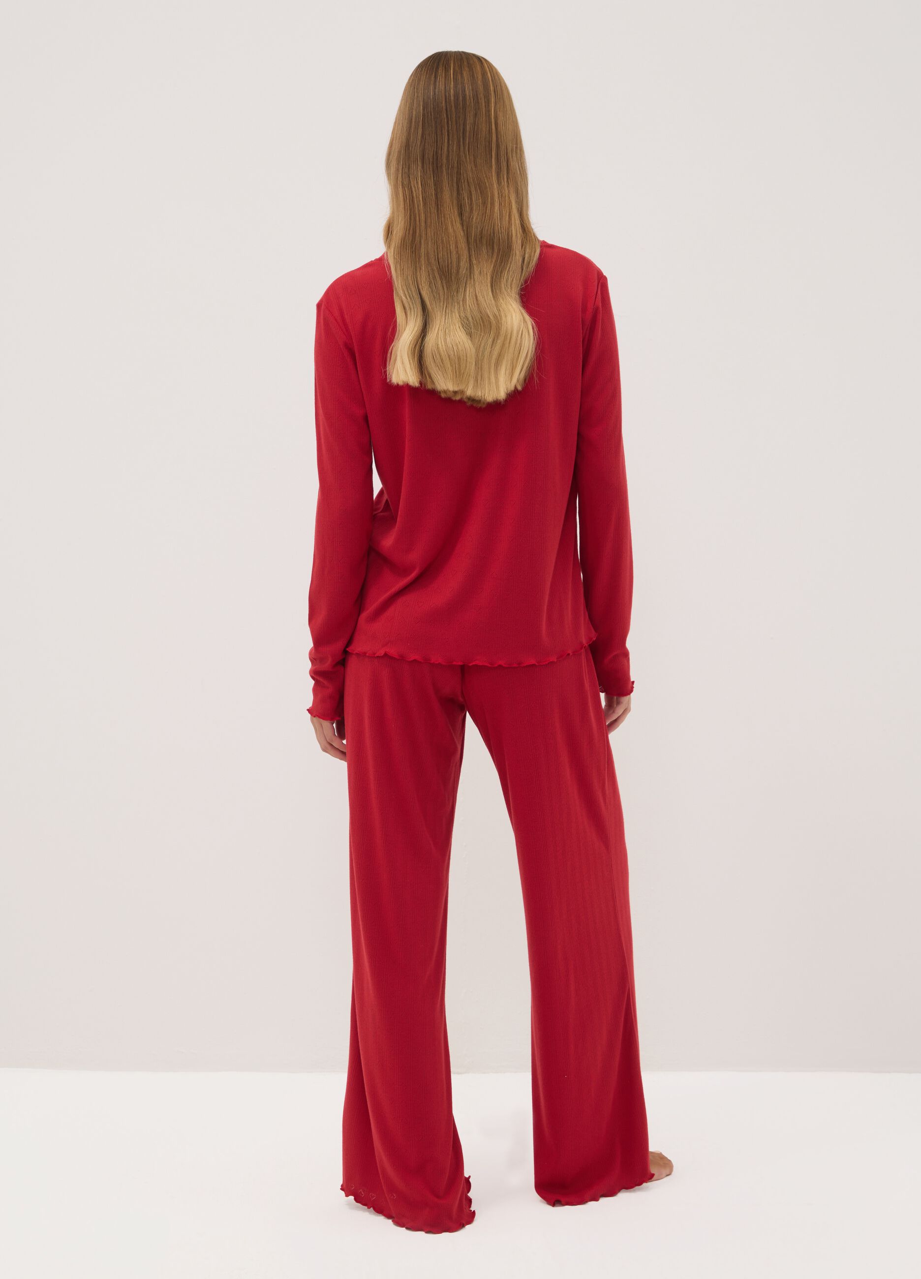 Dark red viscose-blend crew-neck pyjama set