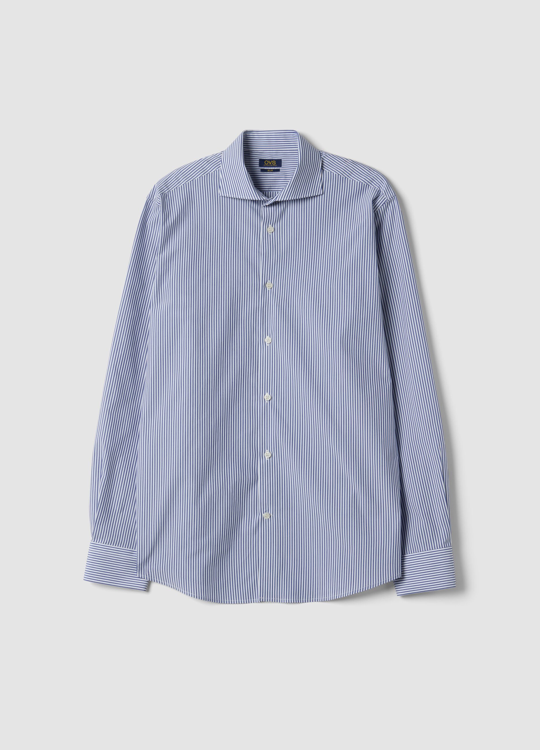 Blue striped lyocell-blend shirt with French collar, easy iron