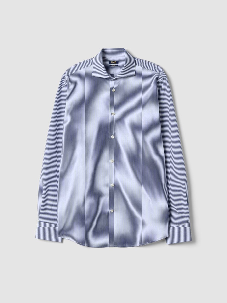Blue striped lyocell-blend shirt with French collar, easy iron_0