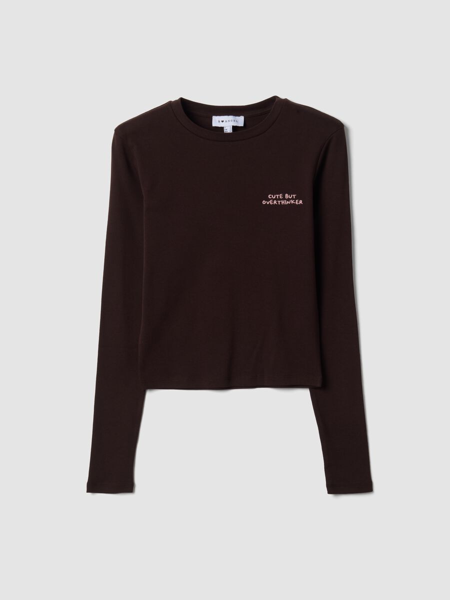 Brown pure cotton T-shirt with chest lettering_0