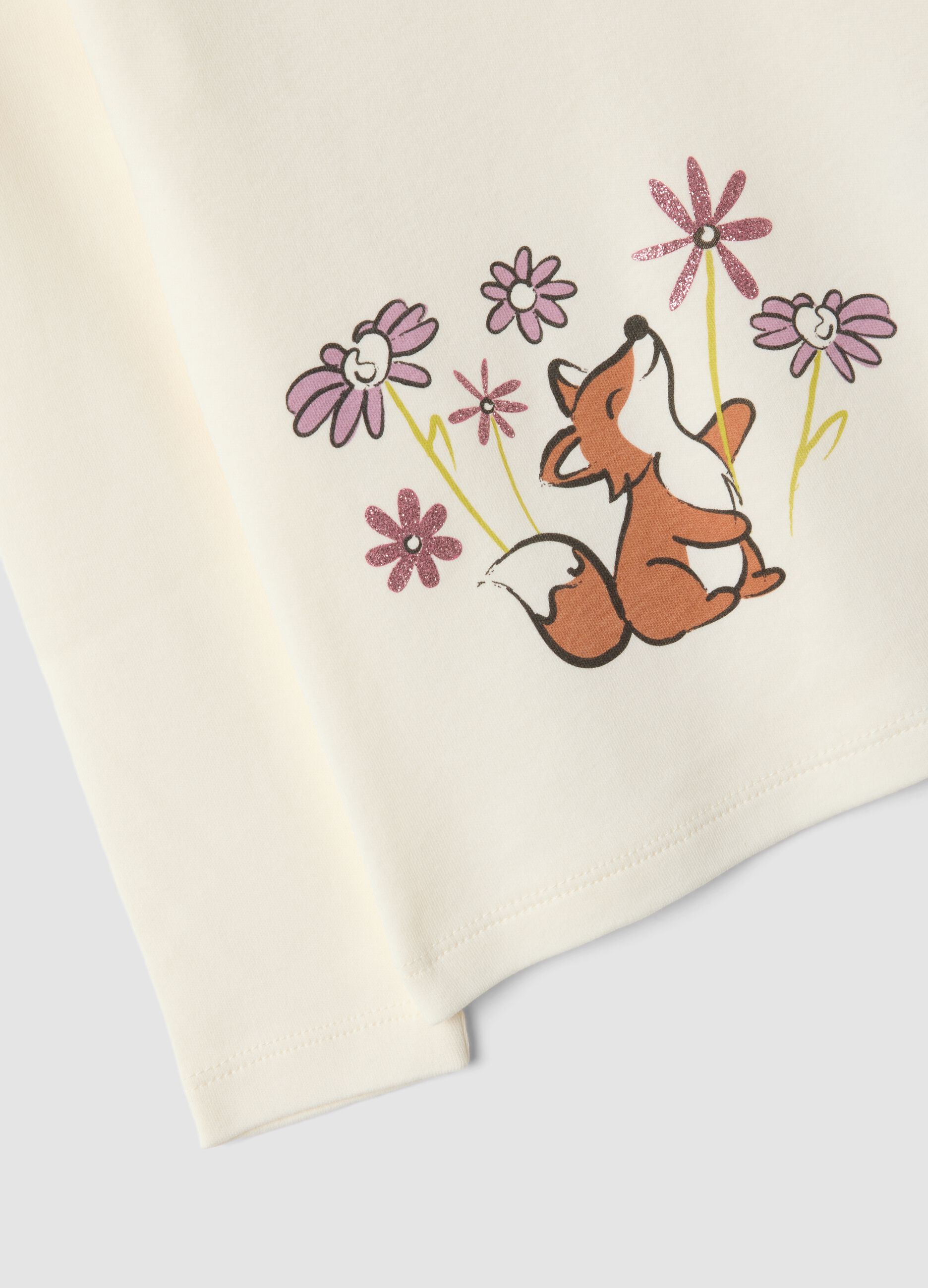 T-shirt bianca in puro cotone organico con collo rialzato e stampa animaletti