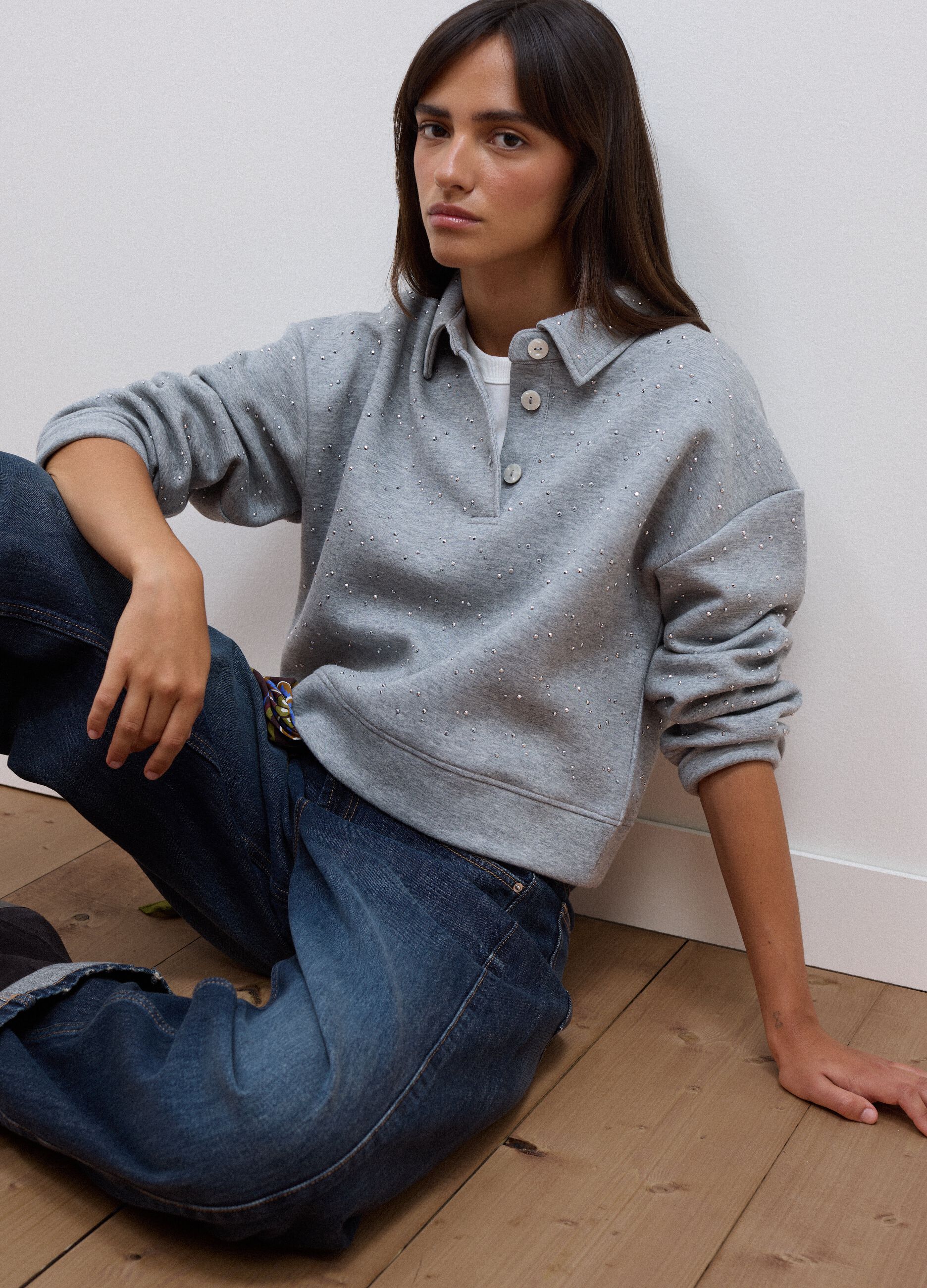 Grey cotton-blend polo with all-over rhinestones, regular fit