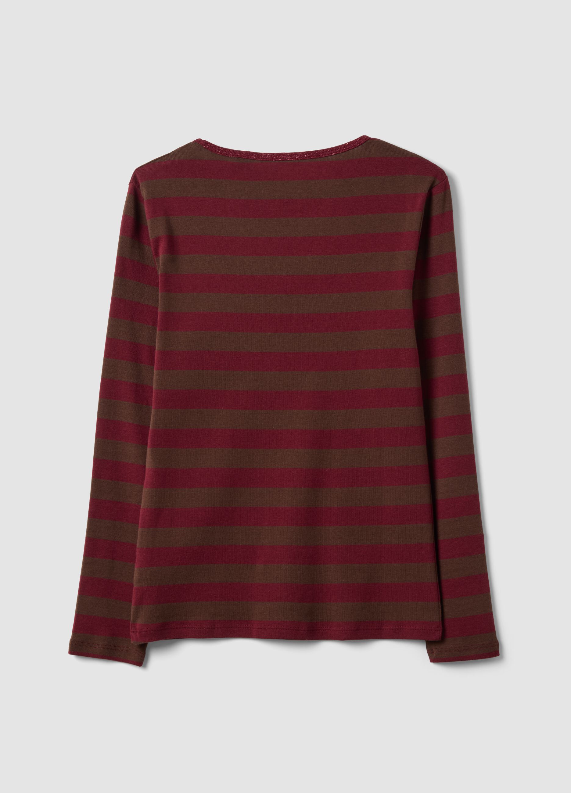 T-shirt marrone a righe in puro cotone con girocollo