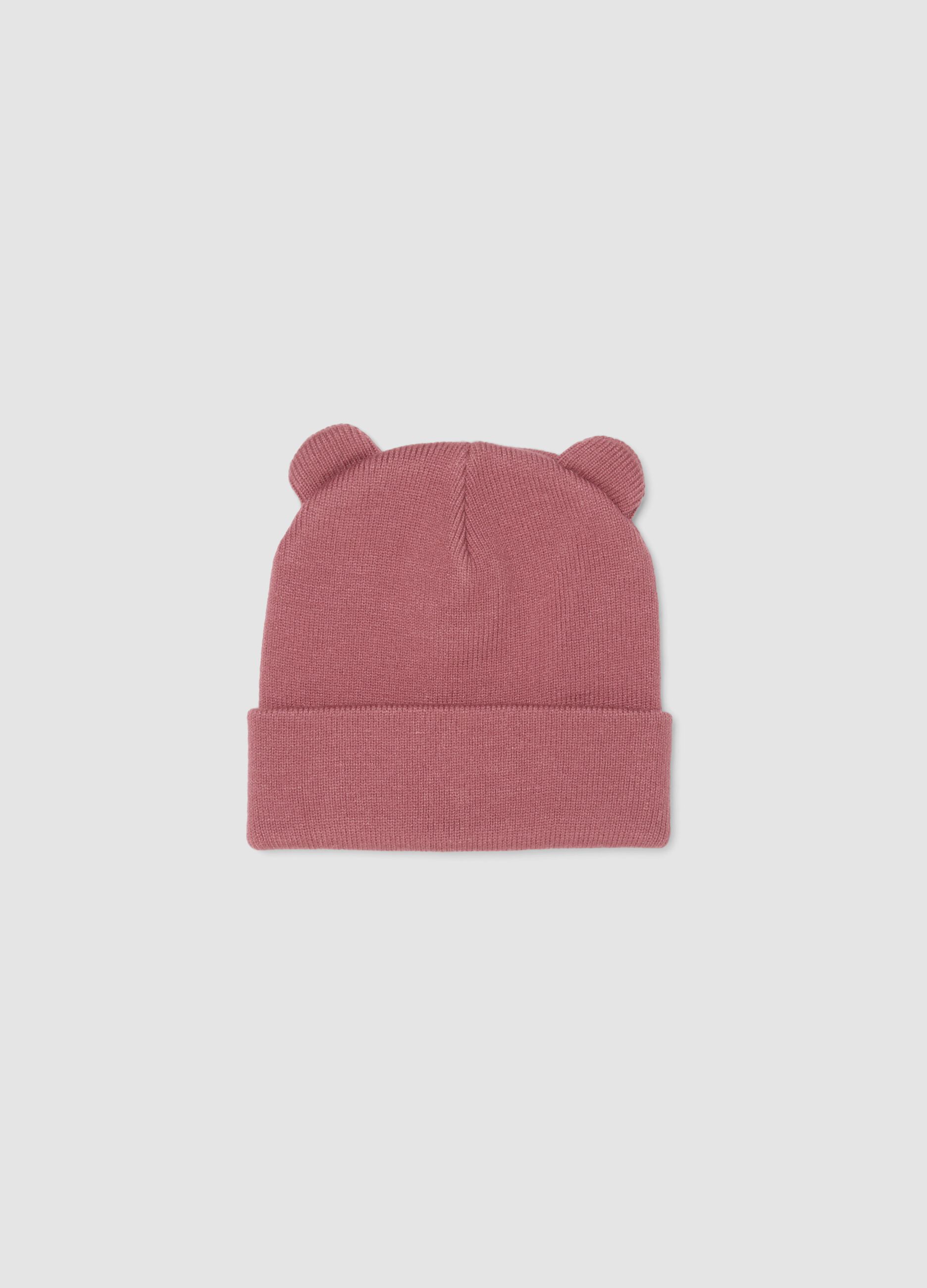 Pink knitted viscose-blend hat with ears