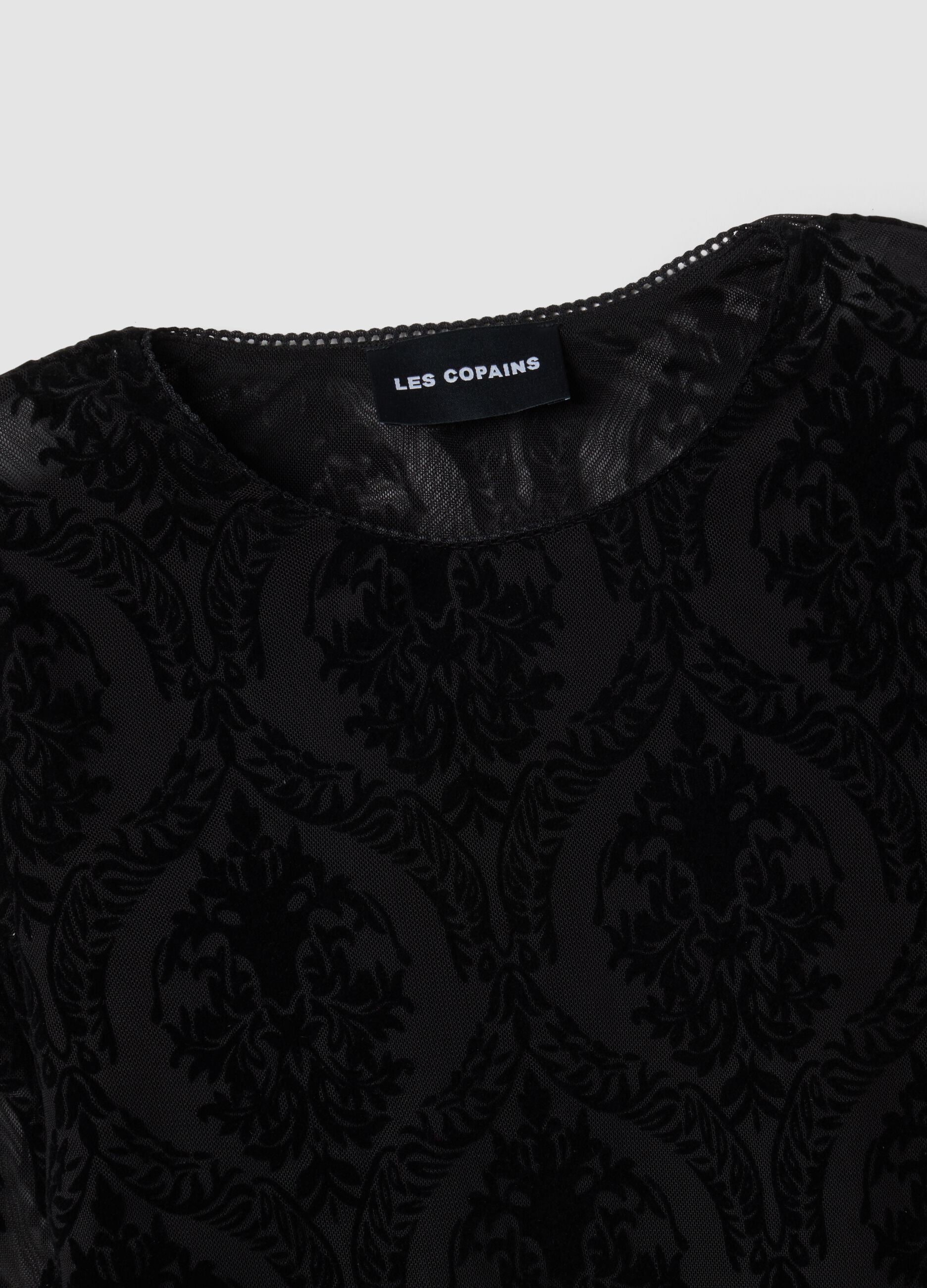 Black regular-fit T-shirt in sheer stretch fabric with pattern
