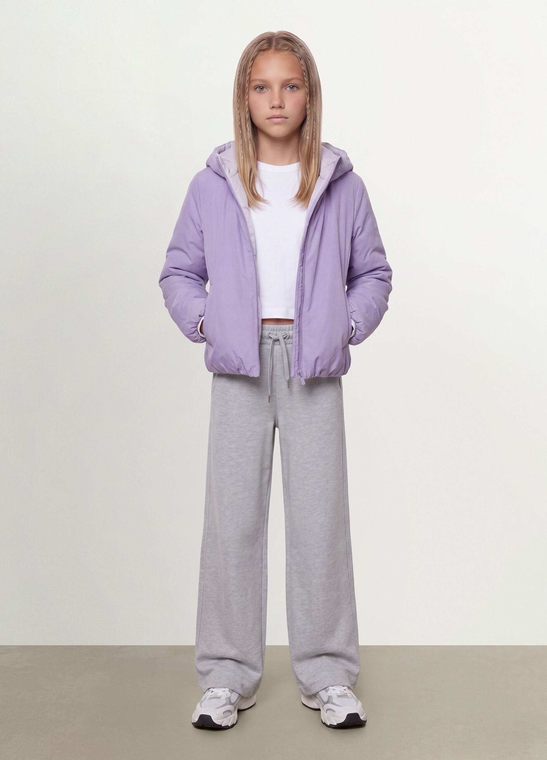 Purple reversible ultralight hooded jacket with zip for girls