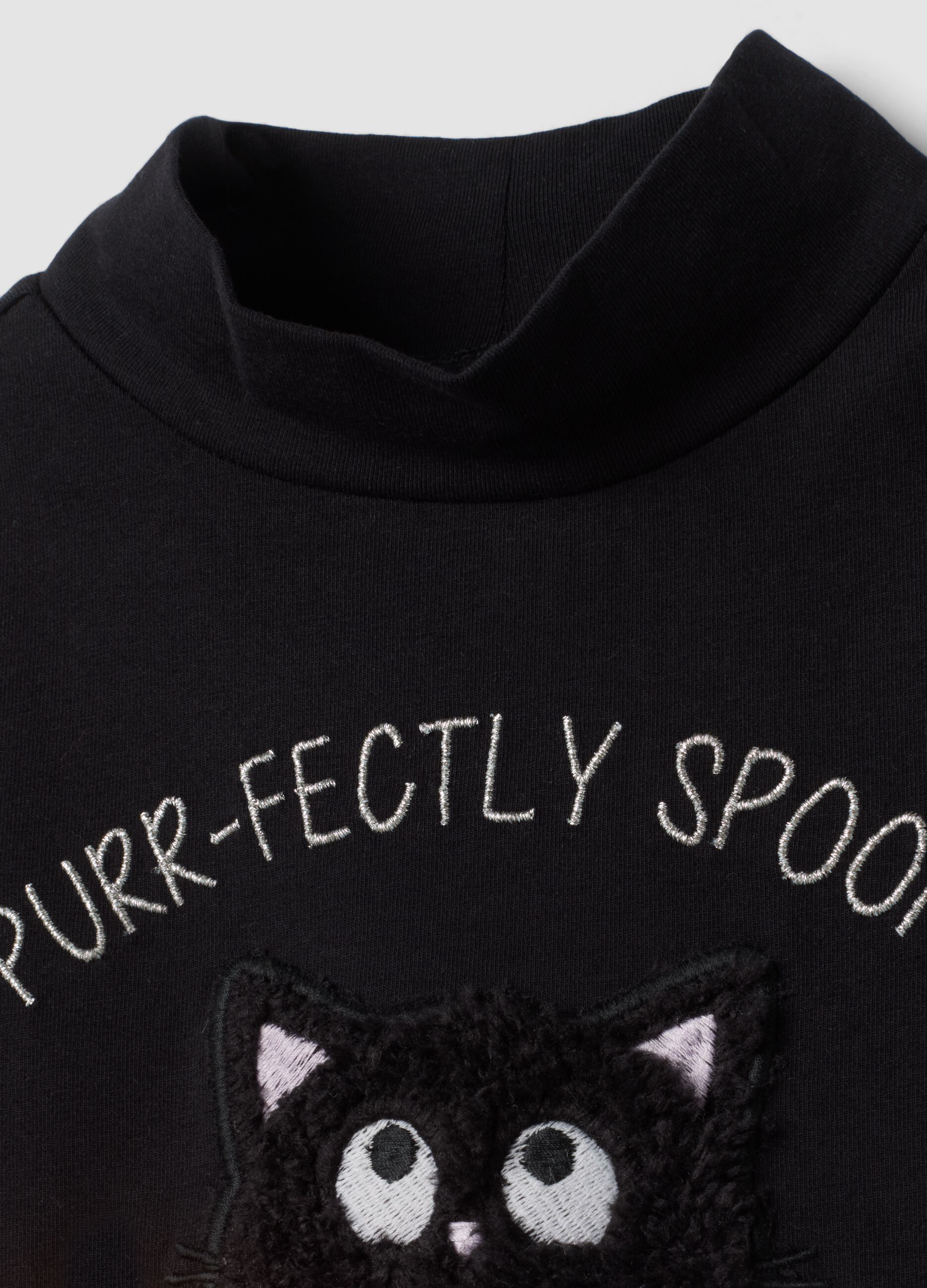 Black stretch cotton T-shirt with high neck