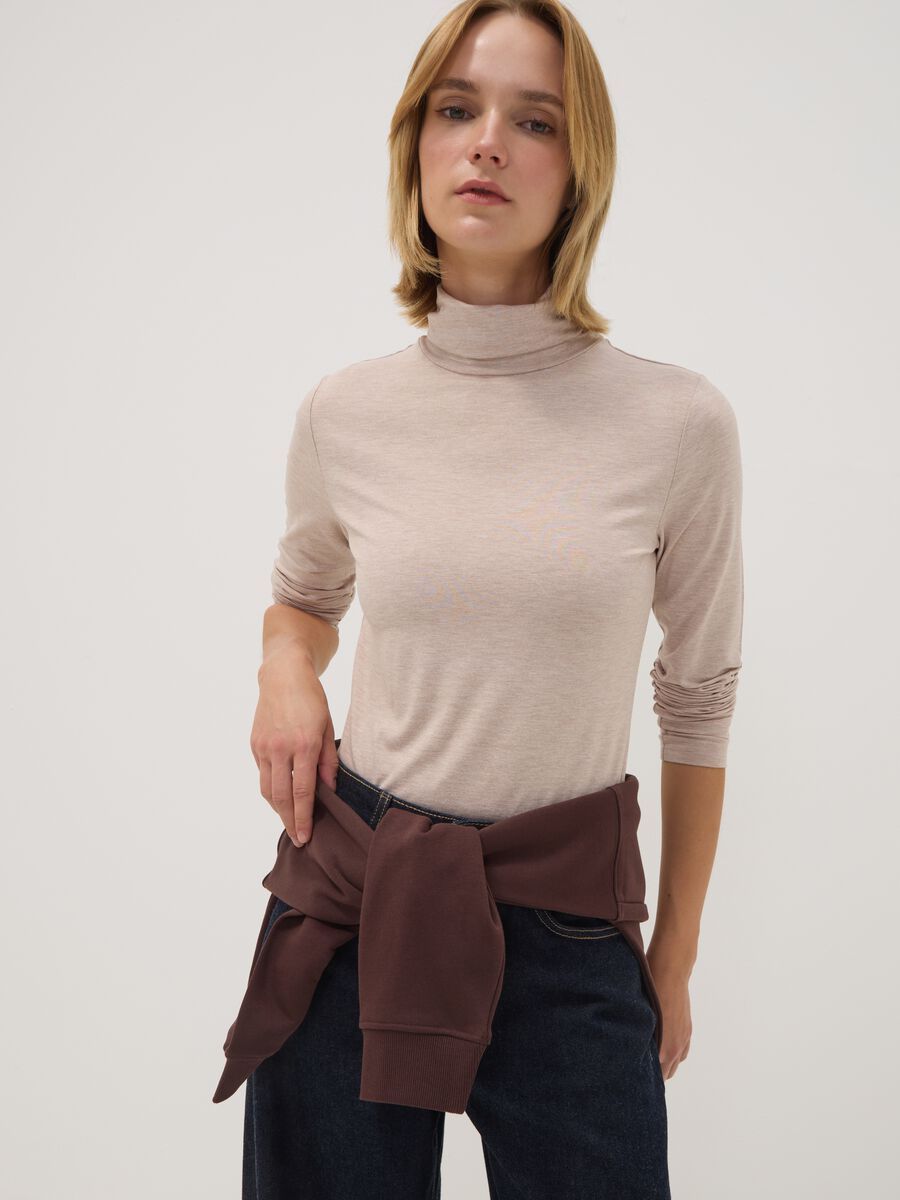 Beige stretch viscose top with mock neck, regular fit_1