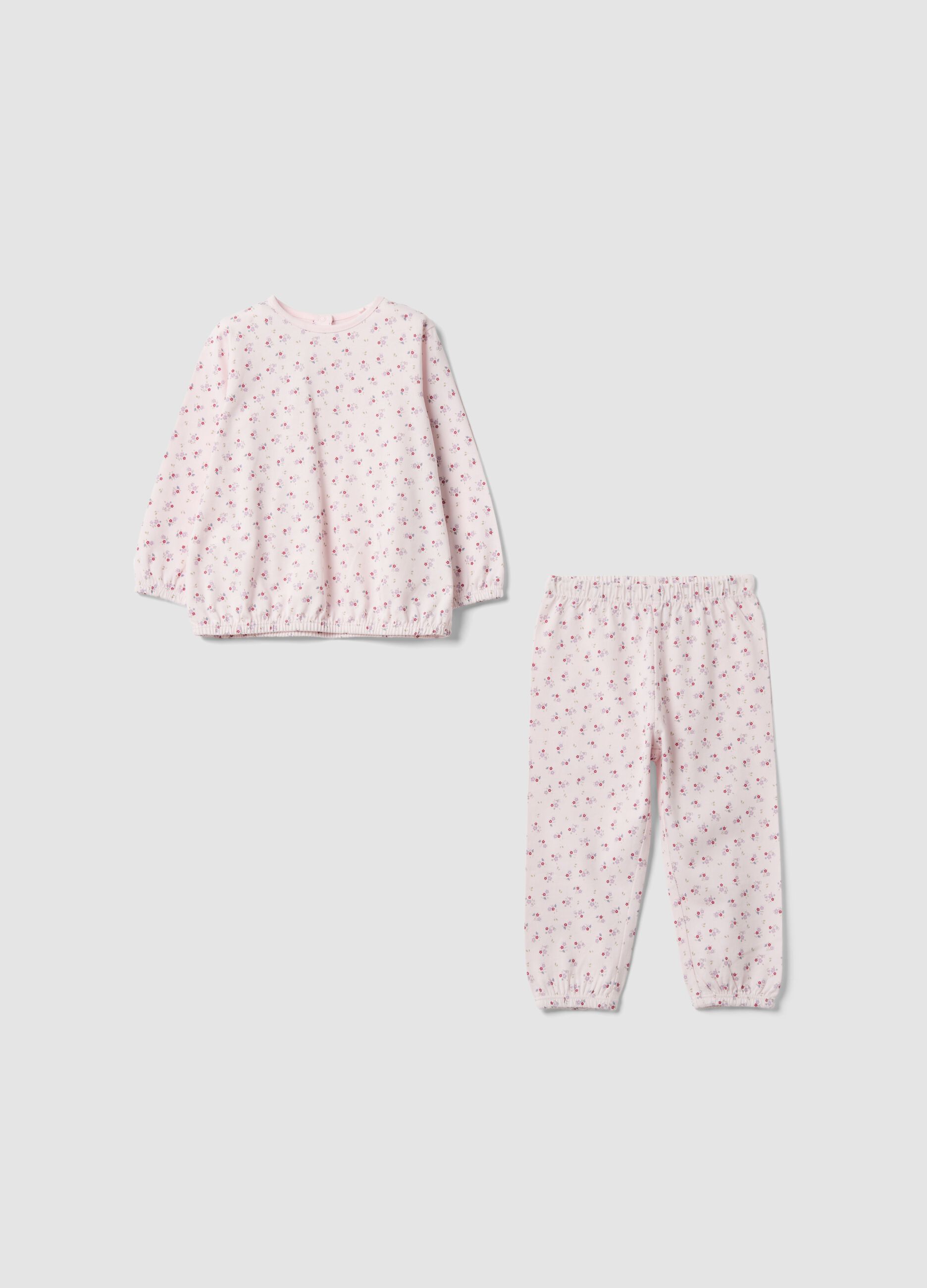 Pink organic cotton jersey pyjamas with floral print for baby girls and girls