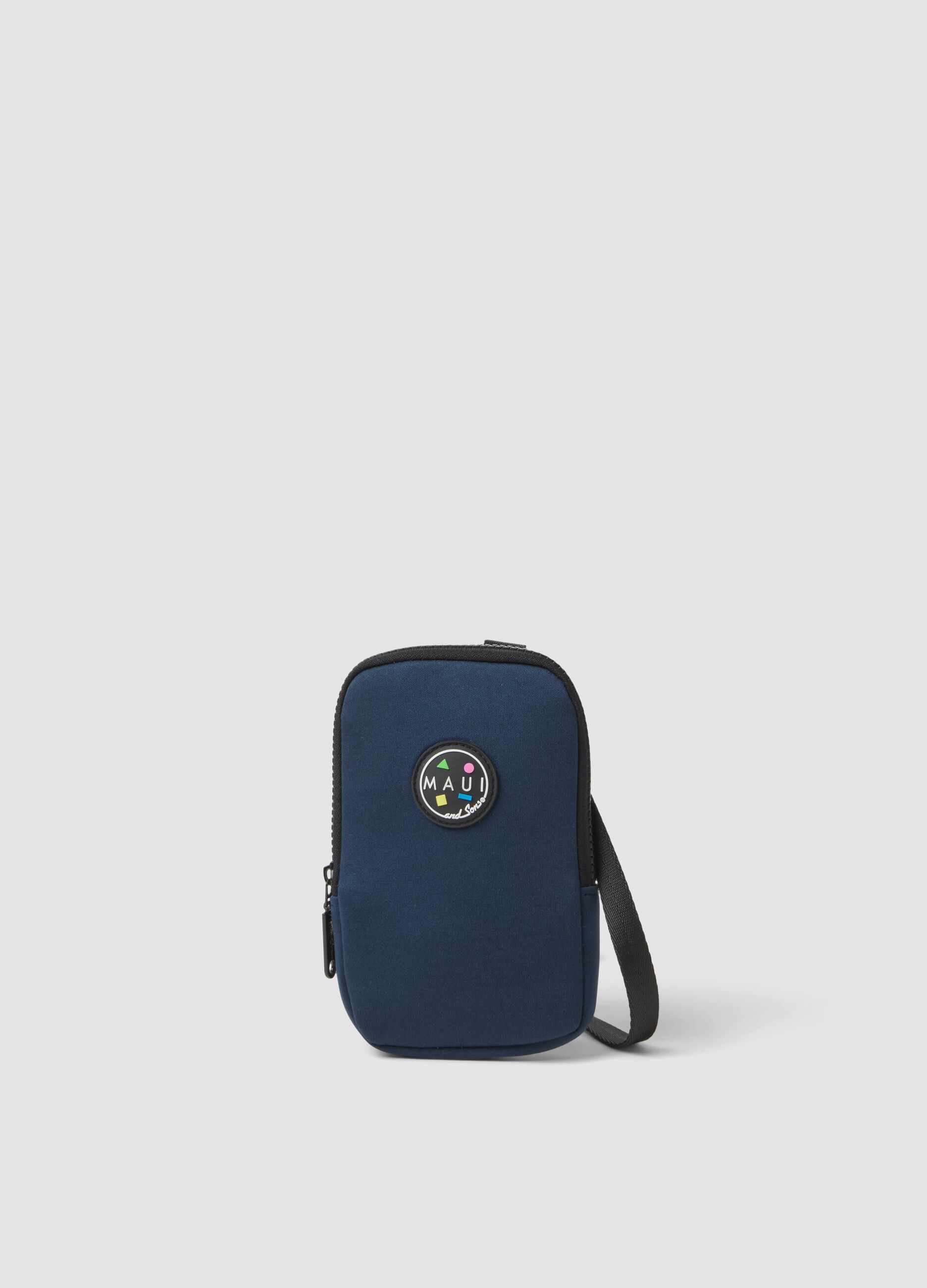 Blue phone pouch with zip and adjustable shoulder strap